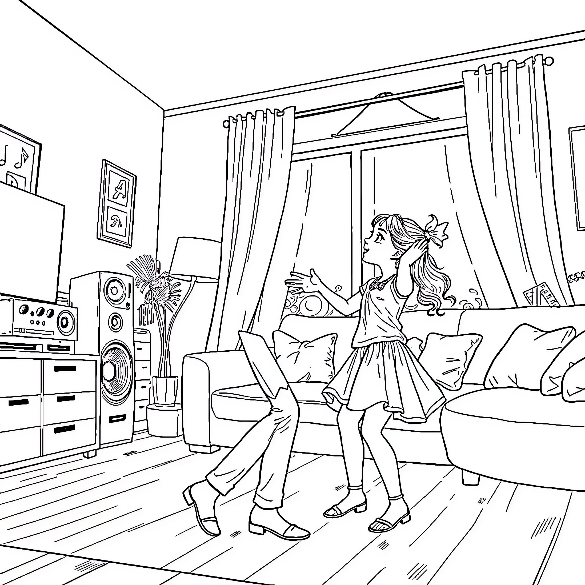 Girl dancing joyfully in her living room Coloring Page (free black-and-white line drawing printable PDF for all, from beginners to advanced learners, including children, teens, adults, and seniors)
