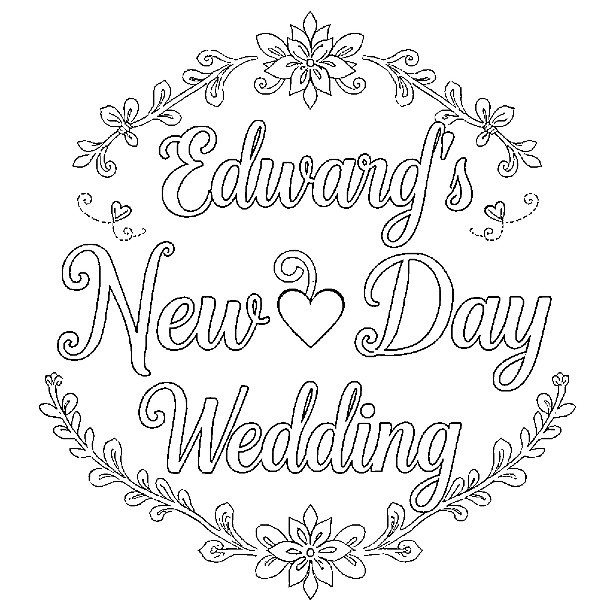 Wedding ceremony with floral ornaments and hearts Coloring Page (free black-and-white line drawing printable PDF for all, from beginners to advanced learners, including children, teens, adults, and seniors)