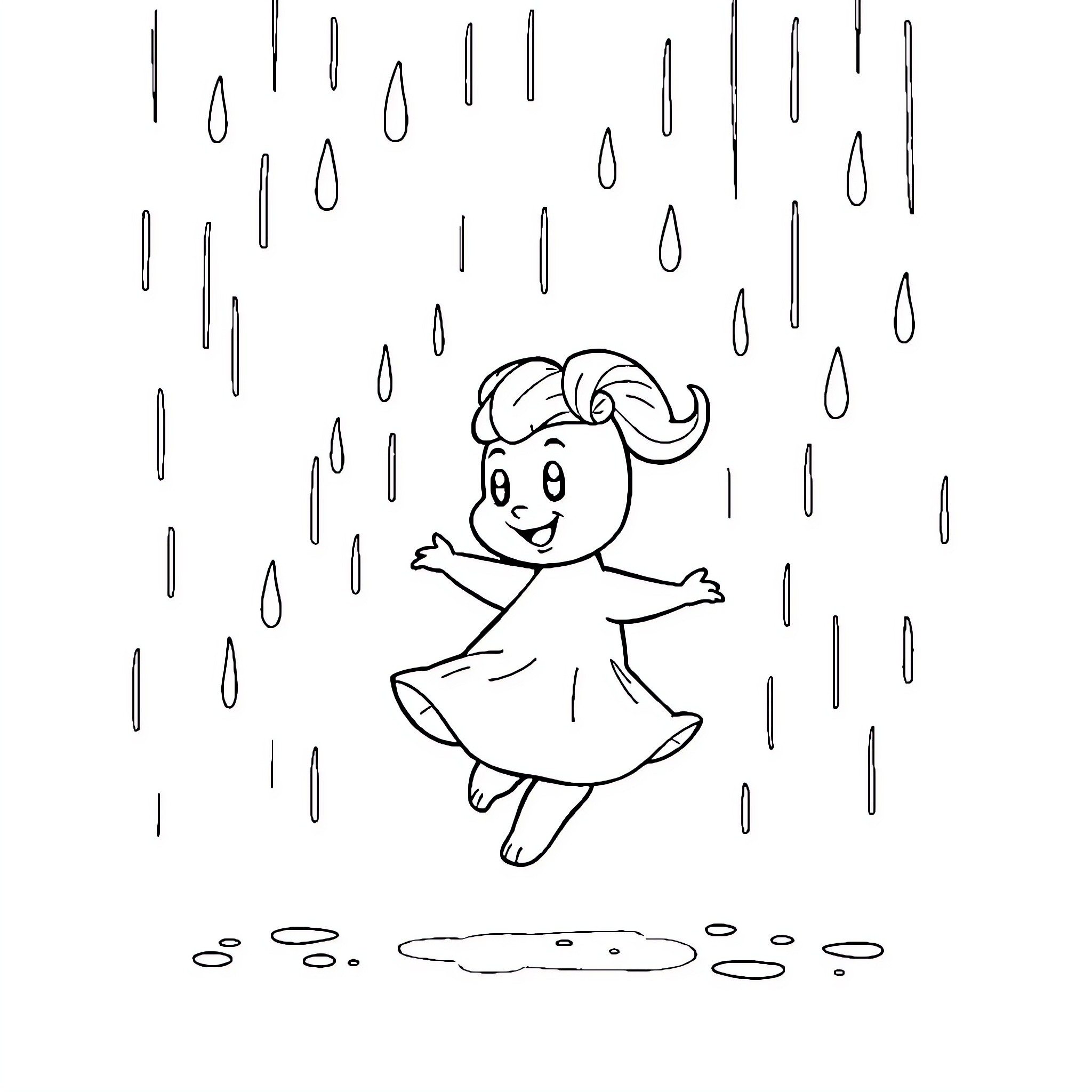 Cinnamaroll playing joyfully in the rain Coloring Page (free black-and-white line drawing printable PDF for all, from beginners to advanced learners, including children, teens, adults, and seniors)