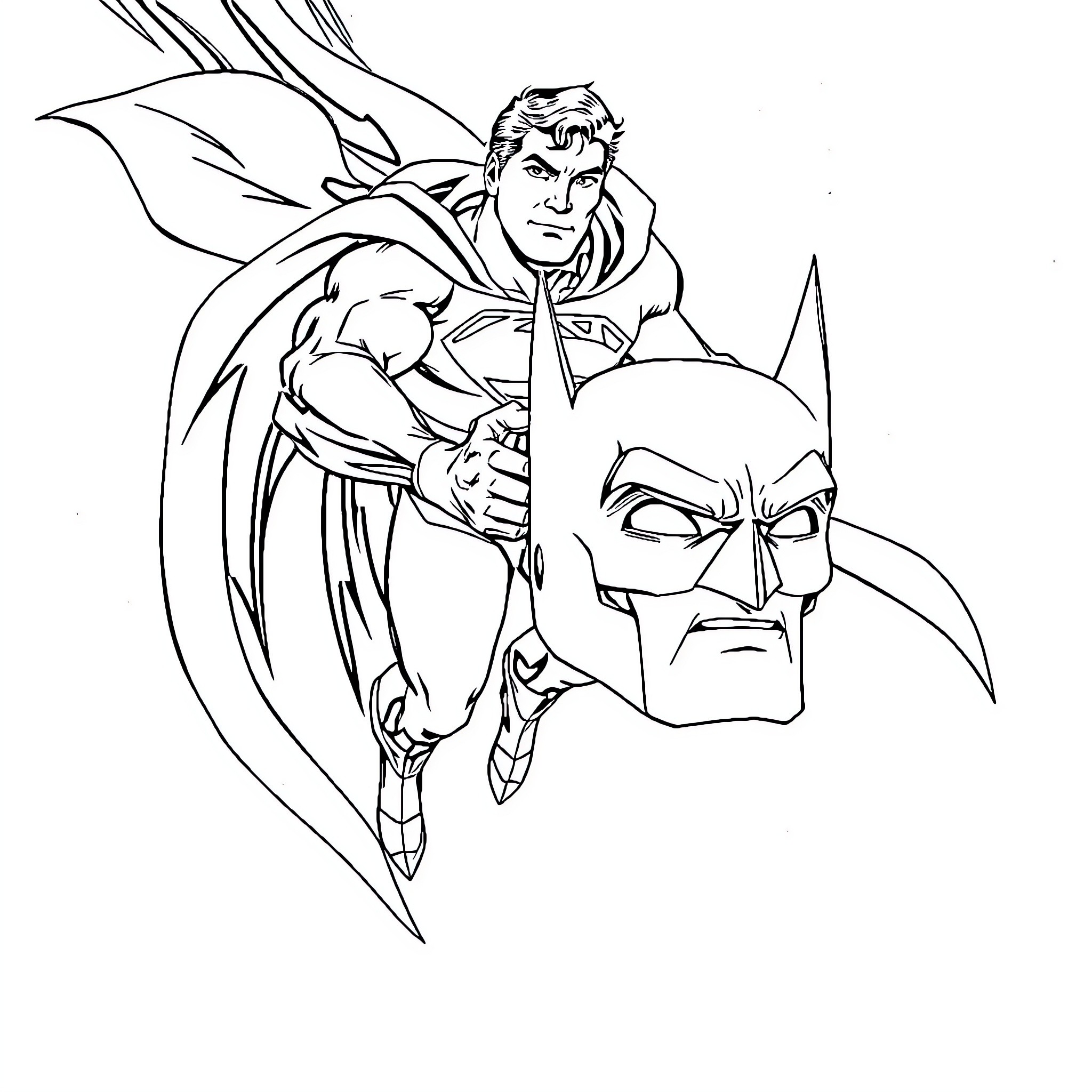 Superman heroically rushing to battle a formidable foe Coloring Page (free black-and-white line drawing printable PDF for all, from beginners to advanced learners, including children, teens, adults, and seniors)