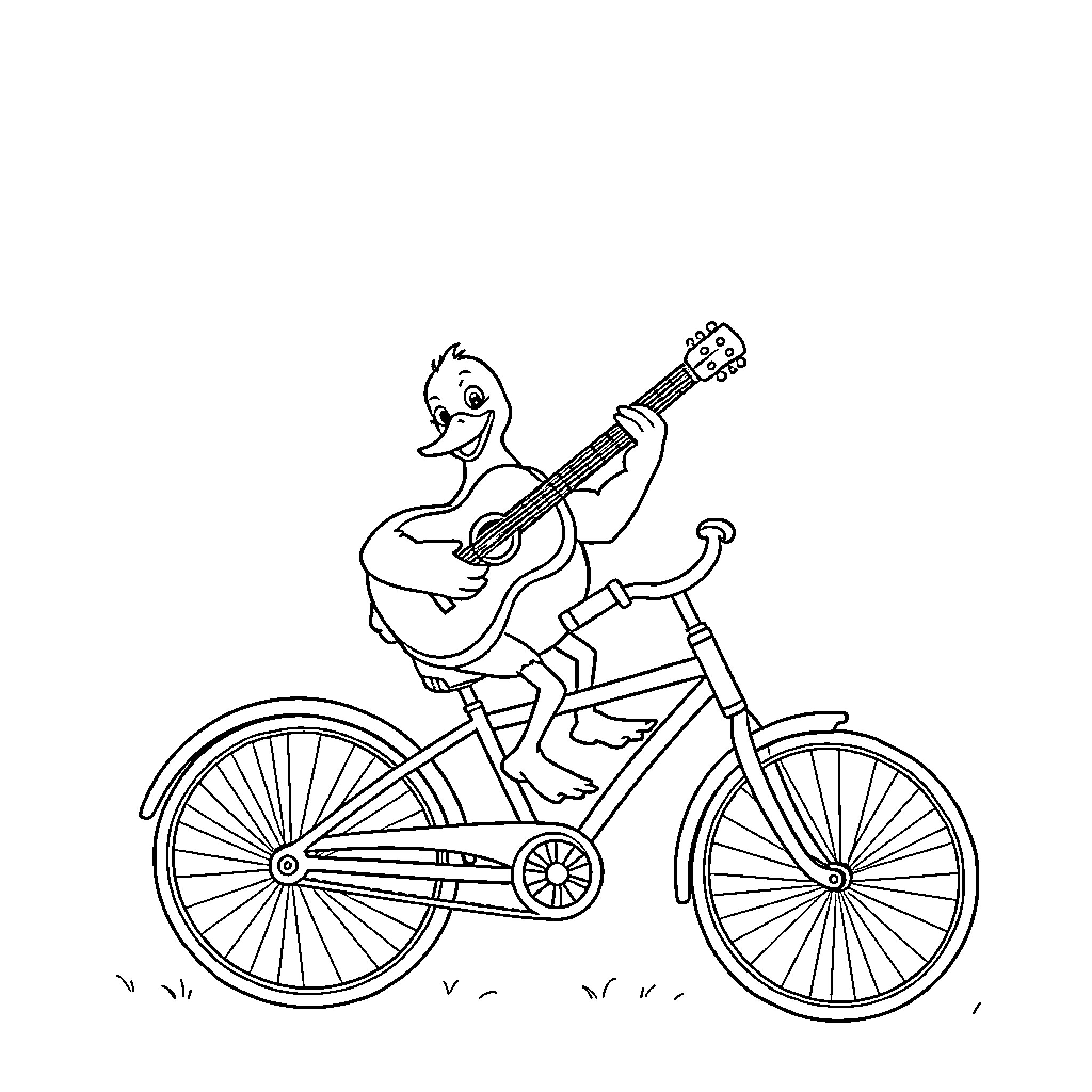 Duck riding a bicycle and playing guitar Coloring Page (free black-and-white line drawing printable PDF for all, from beginners to advanced learners, including children, teens, adults, and seniors)