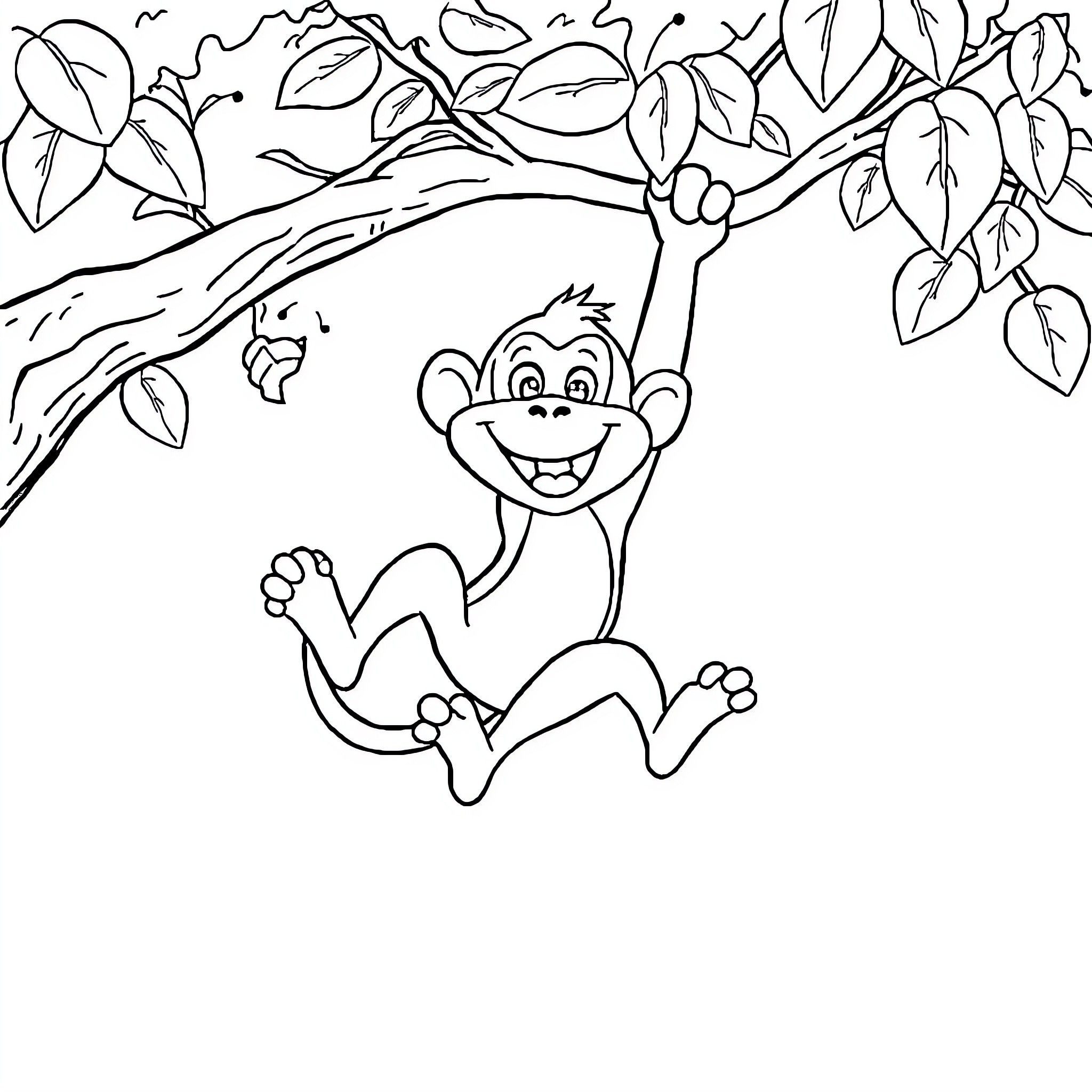 Monkey swinging happily in the jungle Coloring Page (free black-and-white line drawing printable PDF for all, from beginners to advanced learners, including children, teens, adults, and seniors)