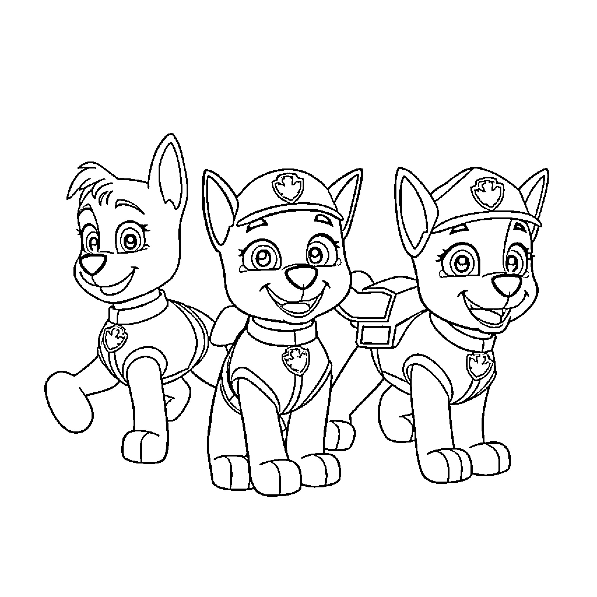 Paw Patrol Puppies Playing Together Coloring Page (free black-and-white line drawing printable PDF for all, from beginners to advanced learners, including children, teens, adults, and seniors)