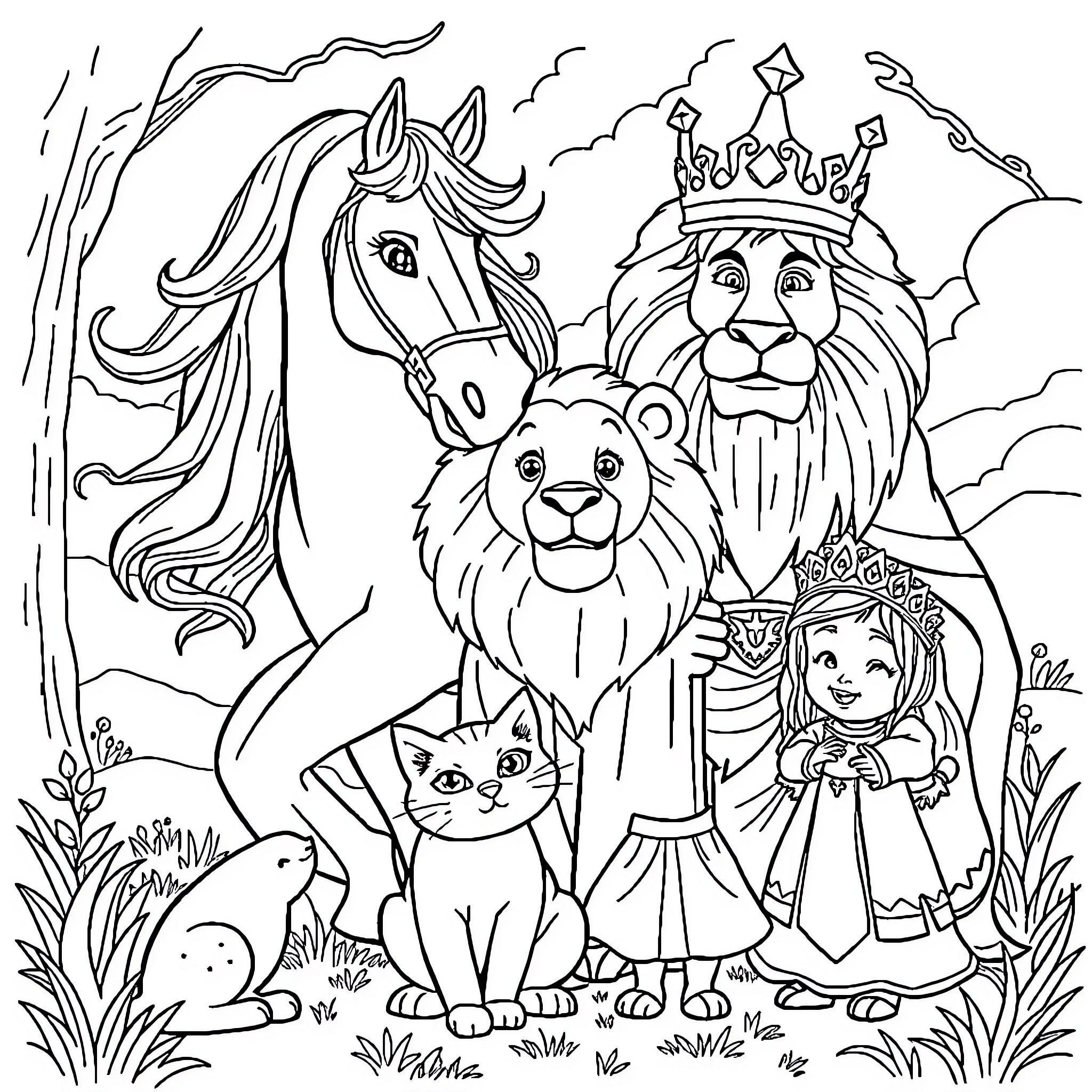 Horse, Lion, and Girl in Fantastical Forest Scene Coloring Page (free black-and-white line drawing printable PDF for all, from beginners to advanced learners, including children, teens, adults, and seniors)
