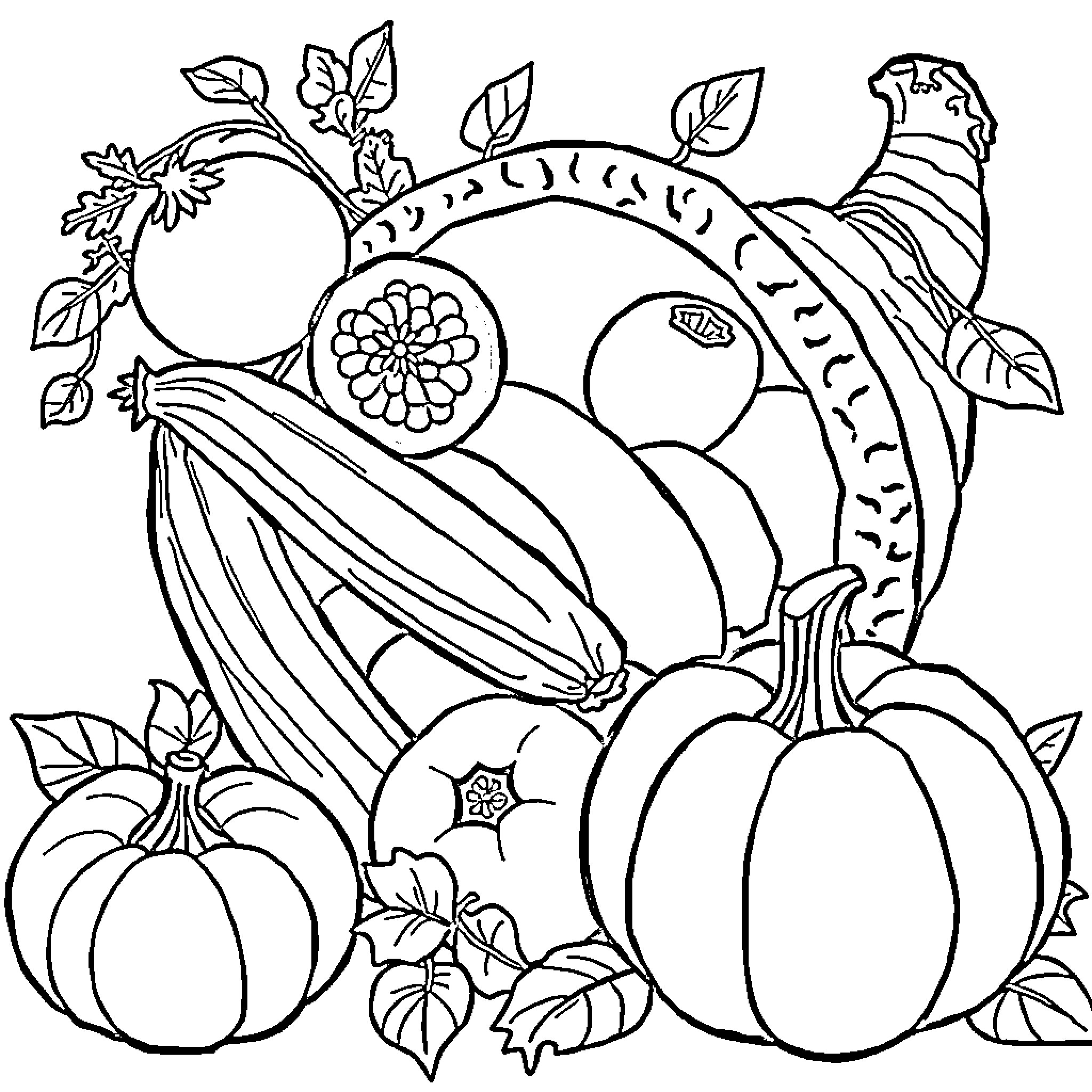 Cornucopia of Autumn Harvest Abundance Coloring Page (free black-and-white line drawing printable PDF for all, from beginners to advanced learners, including children, teens, adults, and seniors)