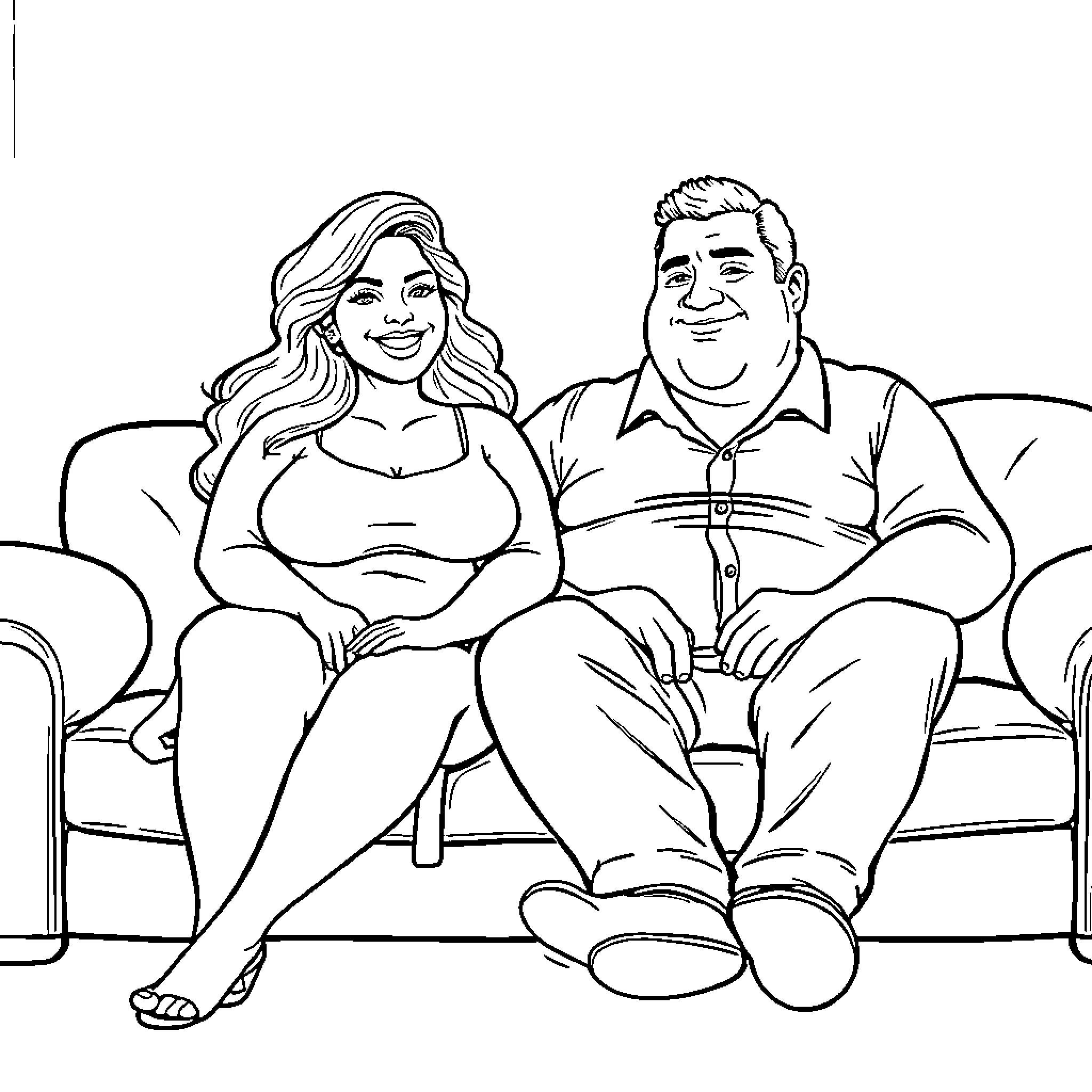 Girl and Man Relaxing on Couch Coloring Page (free black-and-white line drawing printable PDF for all, from beginners to advanced learners, including children, teens, adults, and seniors)