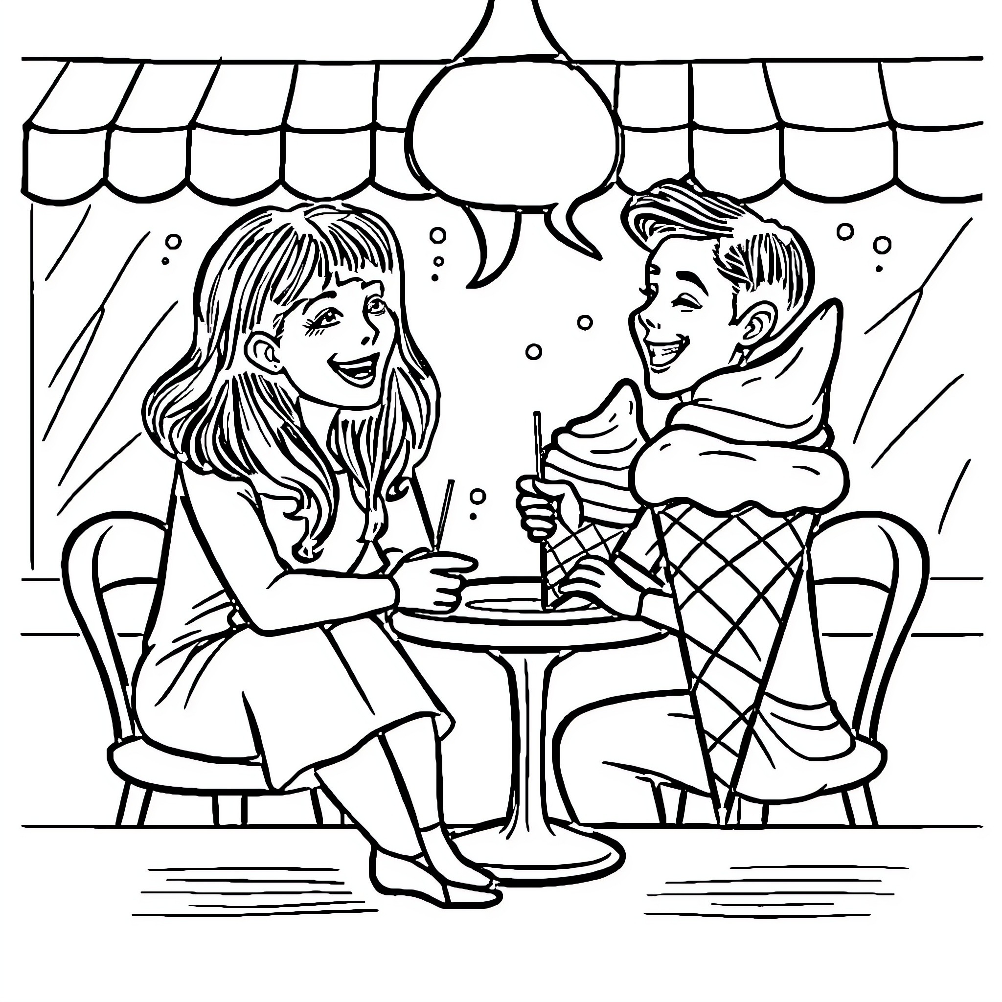 Cat Couple Enjoying Ice Cream at Cafe Coloring Page (free black-and-white line drawing printable PDF for all, from beginners to advanced learners, including children, teens, adults, and seniors)