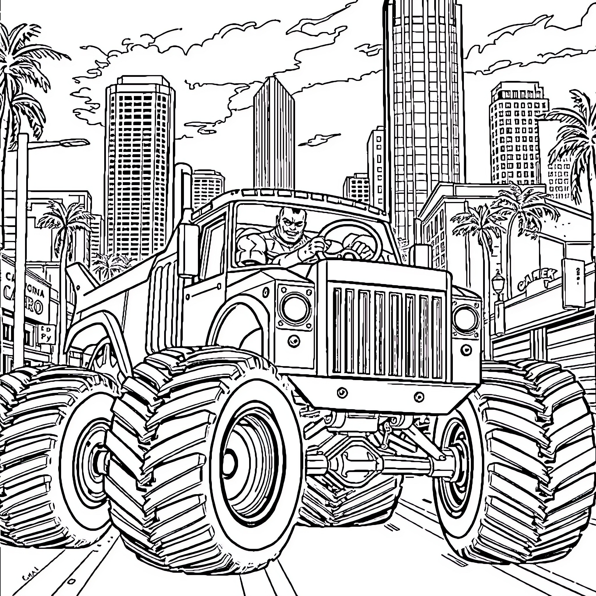 Thanos Driving a Massive Monster Truck Through the City Coloring Page (free black-and-white line drawing printable PDF for all, from beginners to advanced learners, including children, teens, adults, and seniors)