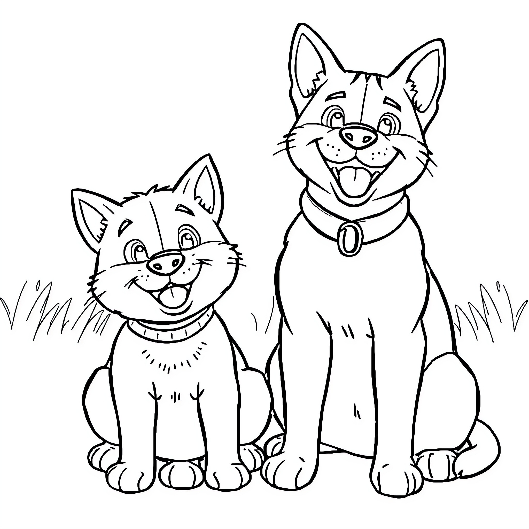 Cat and Dog Sitting Together Happily Coloring Page (free black-and-white line drawing printable PDF for all, from beginners to advanced learners, including children, teens, adults, and seniors)