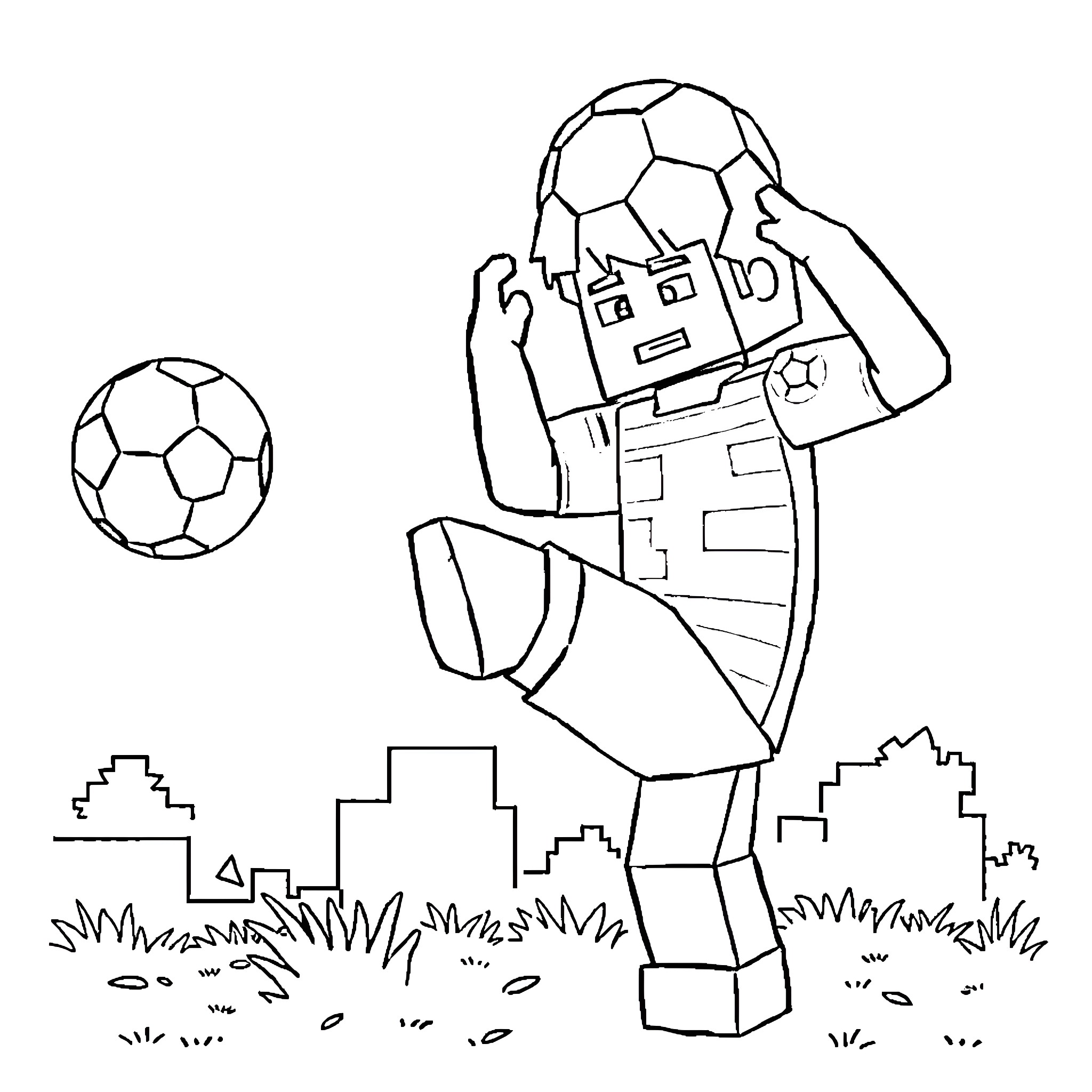 Steve kicks soccer ball in the city park Coloring Page (free black-and-white line drawing printable PDF for all, from beginners to advanced learners, including children, teens, adults, and seniors)