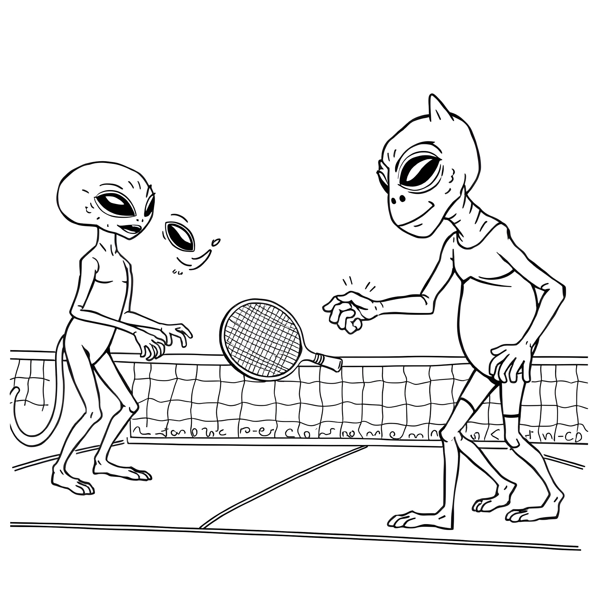 Woody and the alien play a friendly tennis match Coloring Page (free black-and-white line drawing printable PDF for all, from beginners to advanced learners, including children, teens, adults, and seniors)