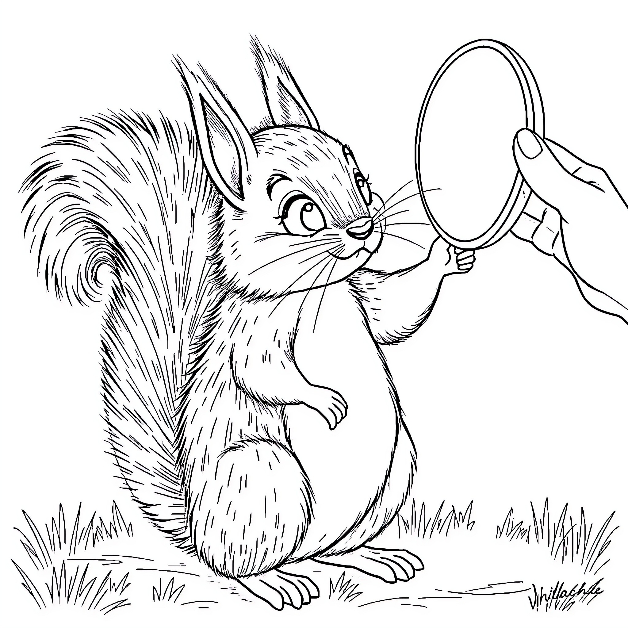 Squirrel examining itself in a mirror Coloring Page (free black-and-white line drawing printable PDF for all, from beginners to advanced learners, including children, teens, adults, and seniors)