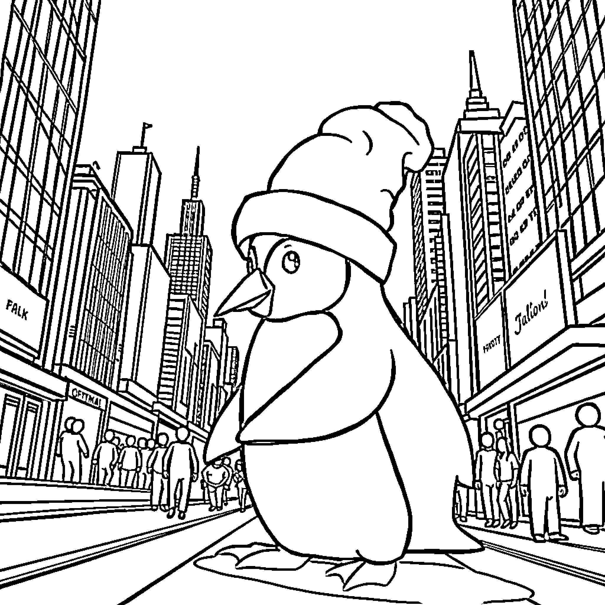 Penguin exploring the bustling city streets Coloring Page (free black-and-white line drawing printable PDF for all, from beginners to advanced learners, including children, teens, adults, and seniors)