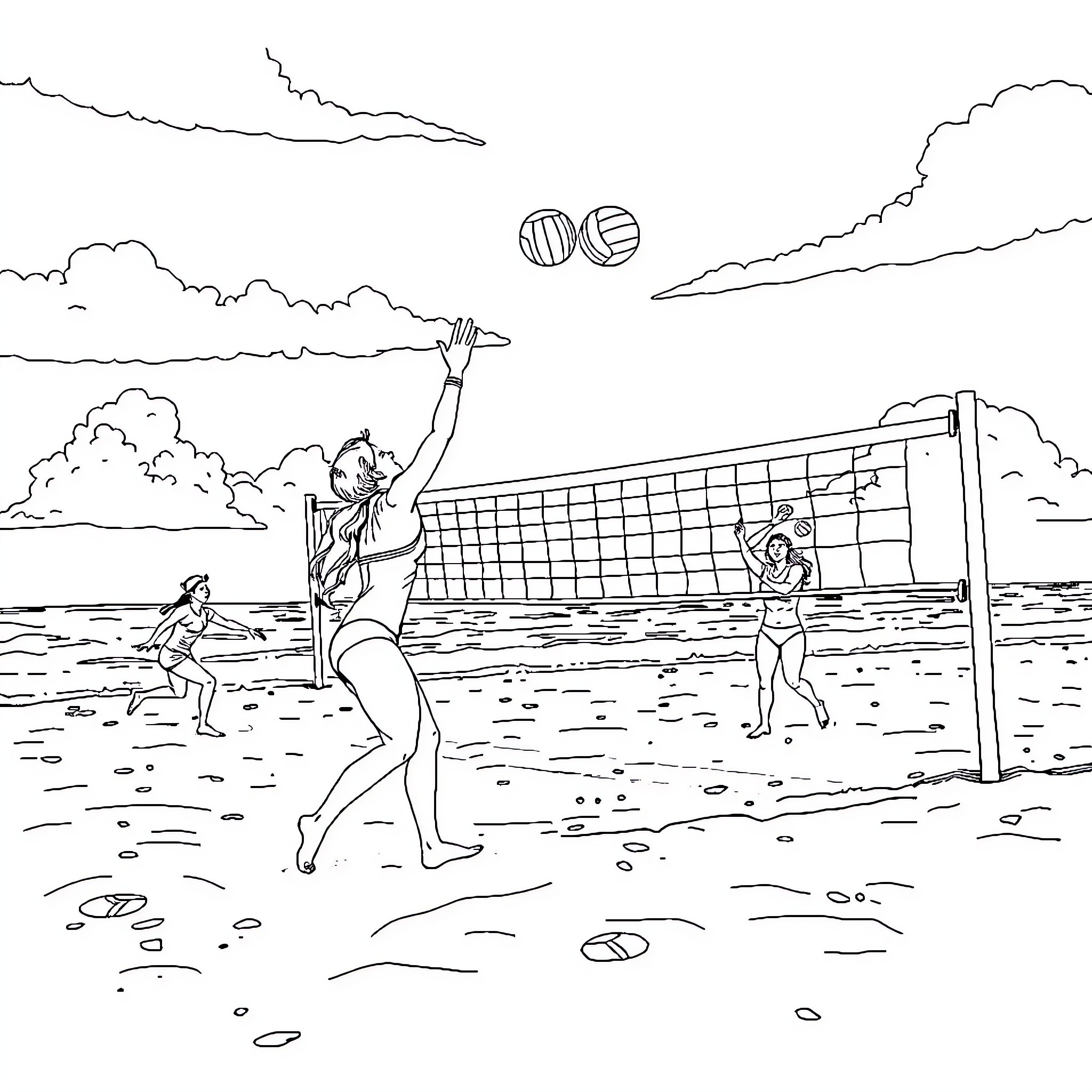 Beach Volleyball Players in Action on the Shore Coloring Page (free black-and-white line drawing printable PDF for all, from beginners to advanced learners, including children, teens, adults, and seniors)