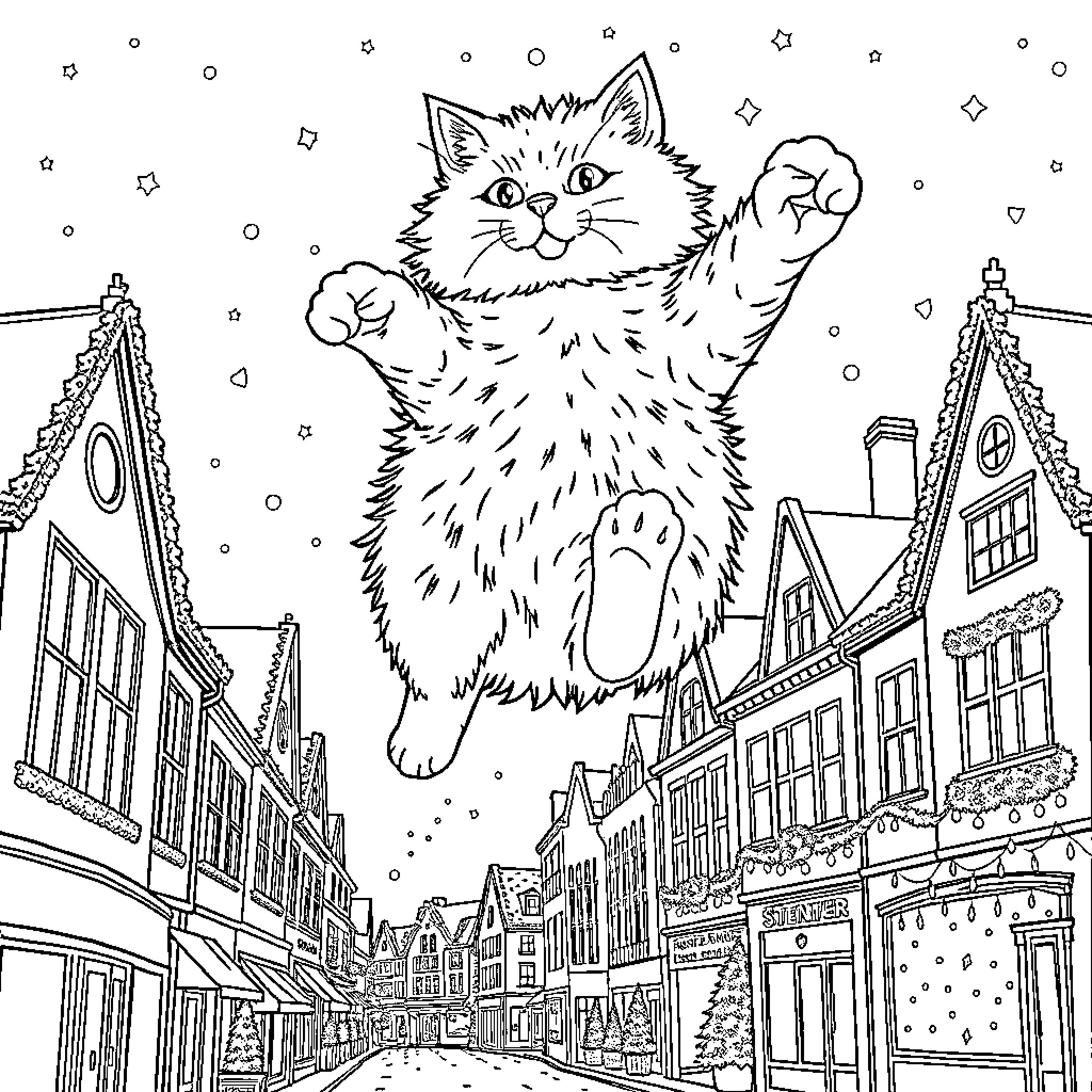 Cat playing in the snowy town Coloring Page (free black-and-white line drawing printable PDF for all, from beginners to advanced learners, including children, teens, adults, and seniors)