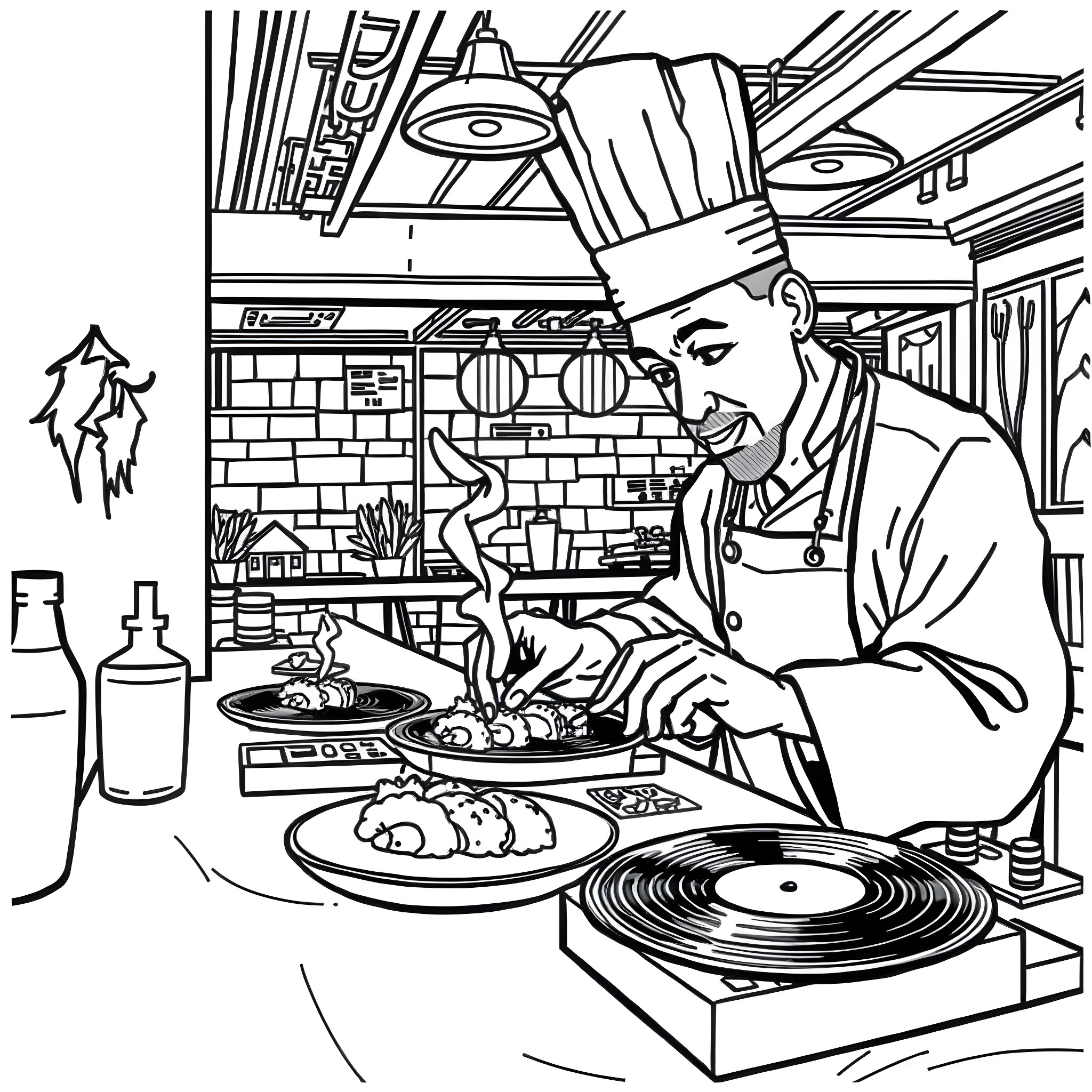 Sushi Chef Preparing Delectable Dishes in a Lively Kitchen Coloring Page (free black-and-white line drawing printable PDF for all, from beginners to advanced learners, including children, teens, adults, and seniors)