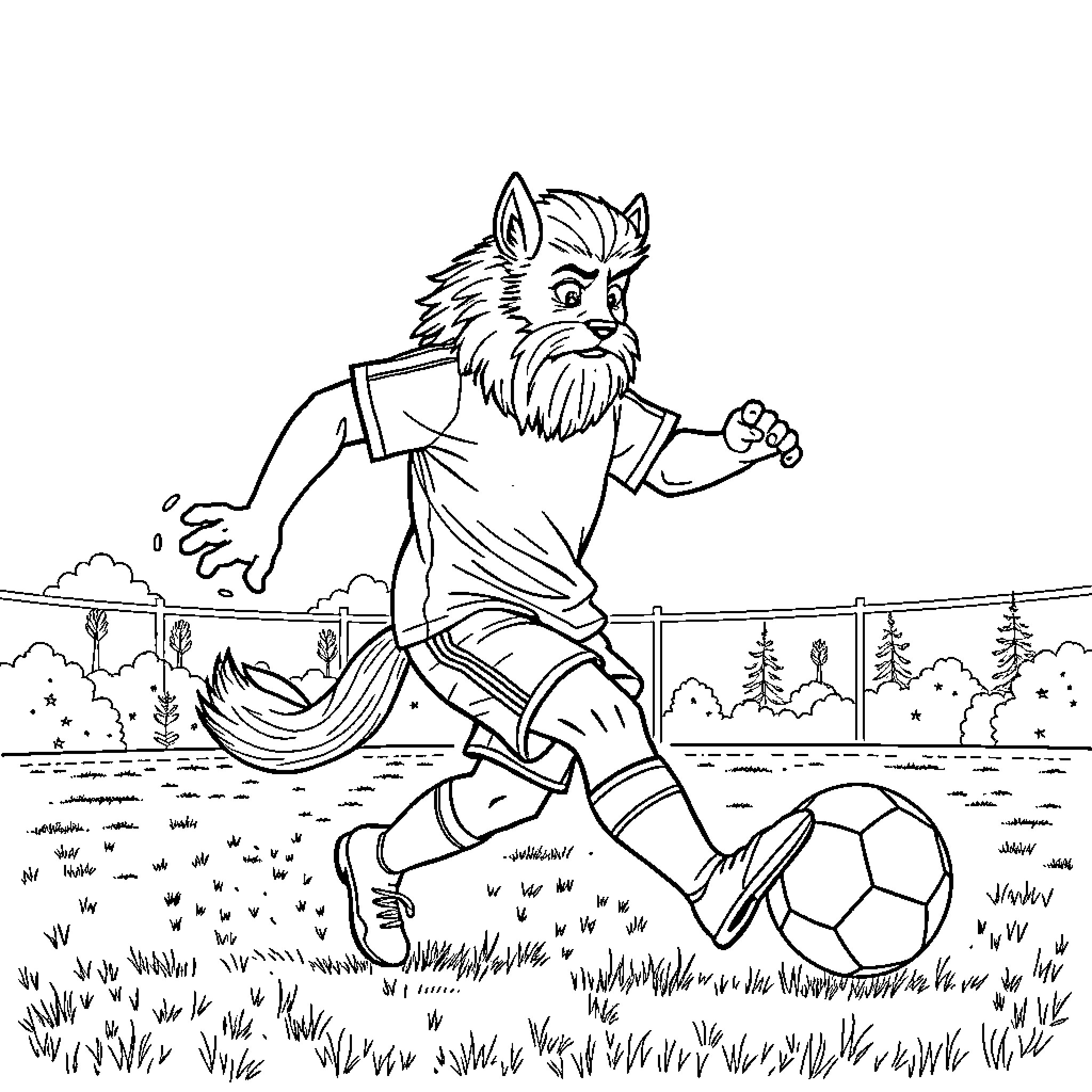 Frog Playing Soccer Enthusiastically Coloring Page (free black-and-white line drawing printable PDF for all, from beginners to advanced learners, including children, teens, adults, and seniors)