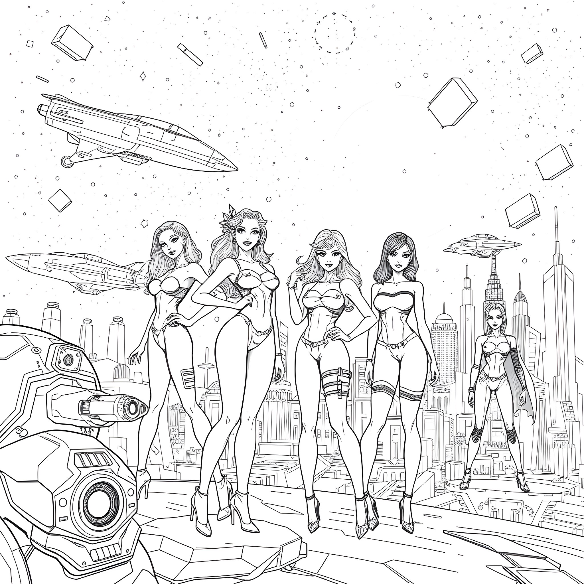 Girl superheroes in futuristic city scene Coloring Page (free black-and-white line drawing printable PDF for all, from beginners to advanced learners, including children, teens, adults, and seniors)