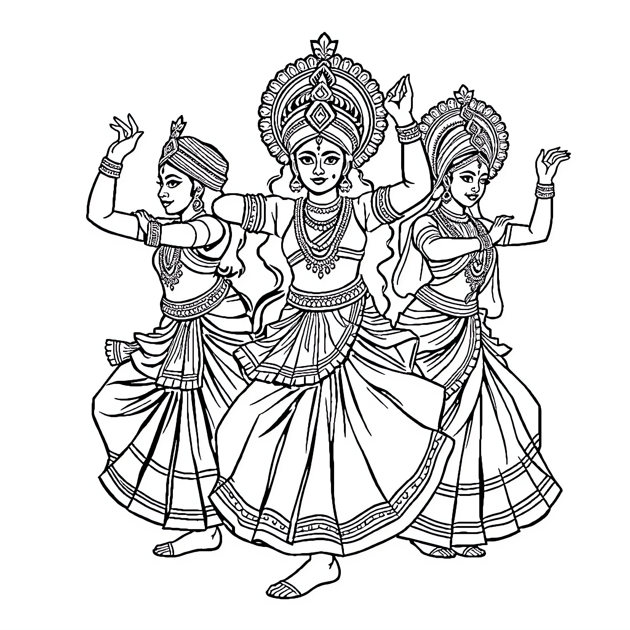 Nagpuri Dance: Graceful Performers in Ornate Costumes Coloring Page (free black-and-white line drawing printable PDF for all, from beginners to advanced learners, including children, teens, adults, and seniors)