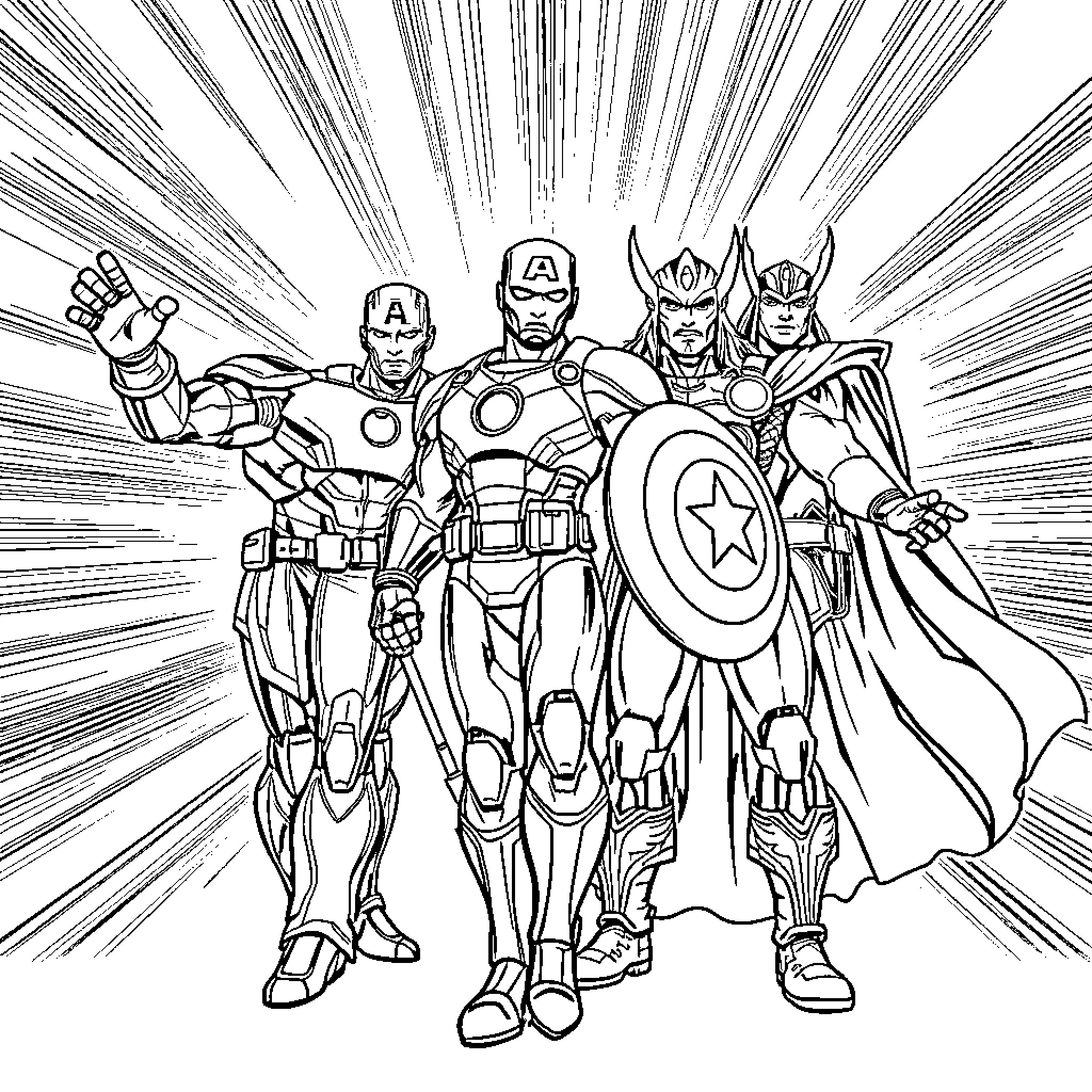 Marvel Heroes Assemble for Action and Adventure Coloring Page (free black-and-white line drawing printable PDF for all, from beginners to advanced learners, including children, teens, adults, and seniors)