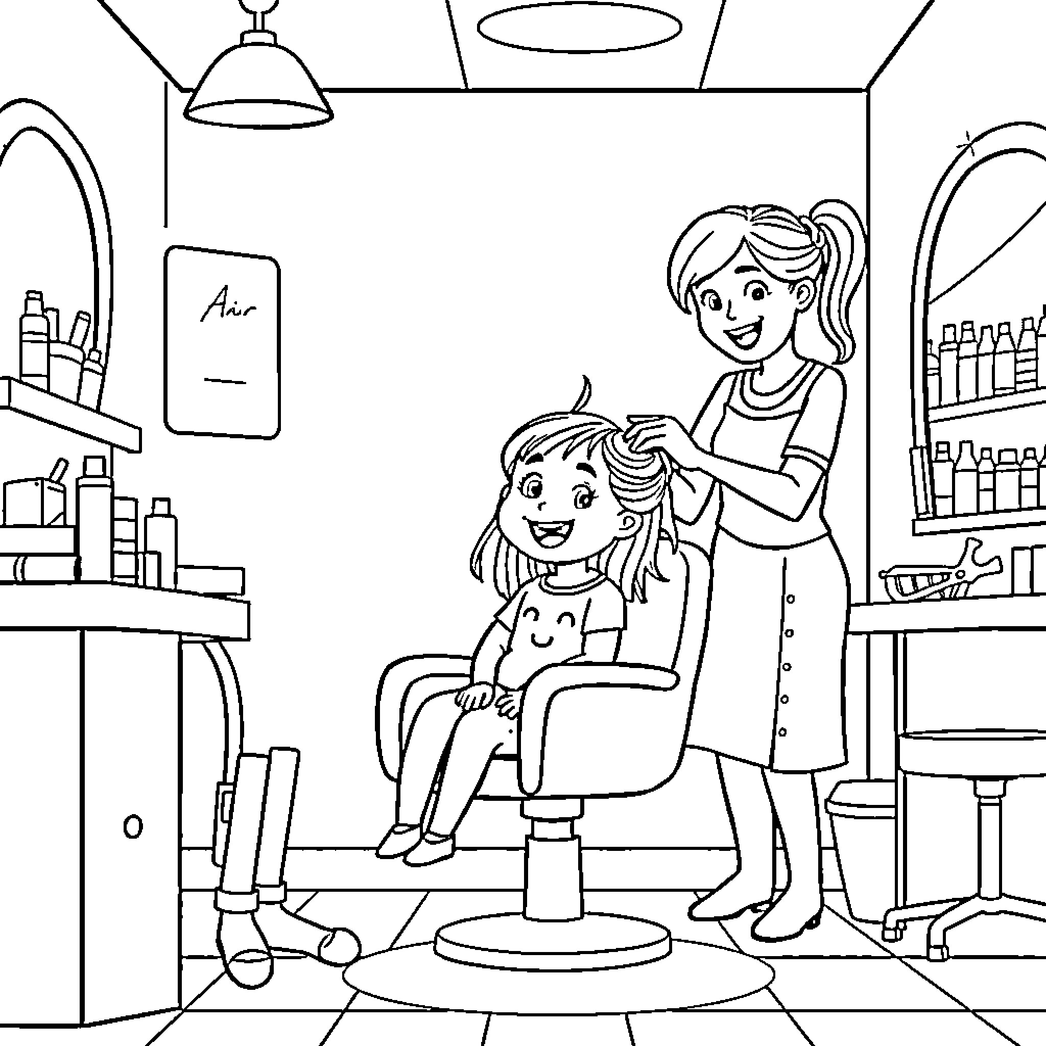 Girl getting her hair cut at the salon Coloring Page (free black-and-white line drawing printable PDF for all, from beginners to advanced learners, including children, teens, adults, and seniors)