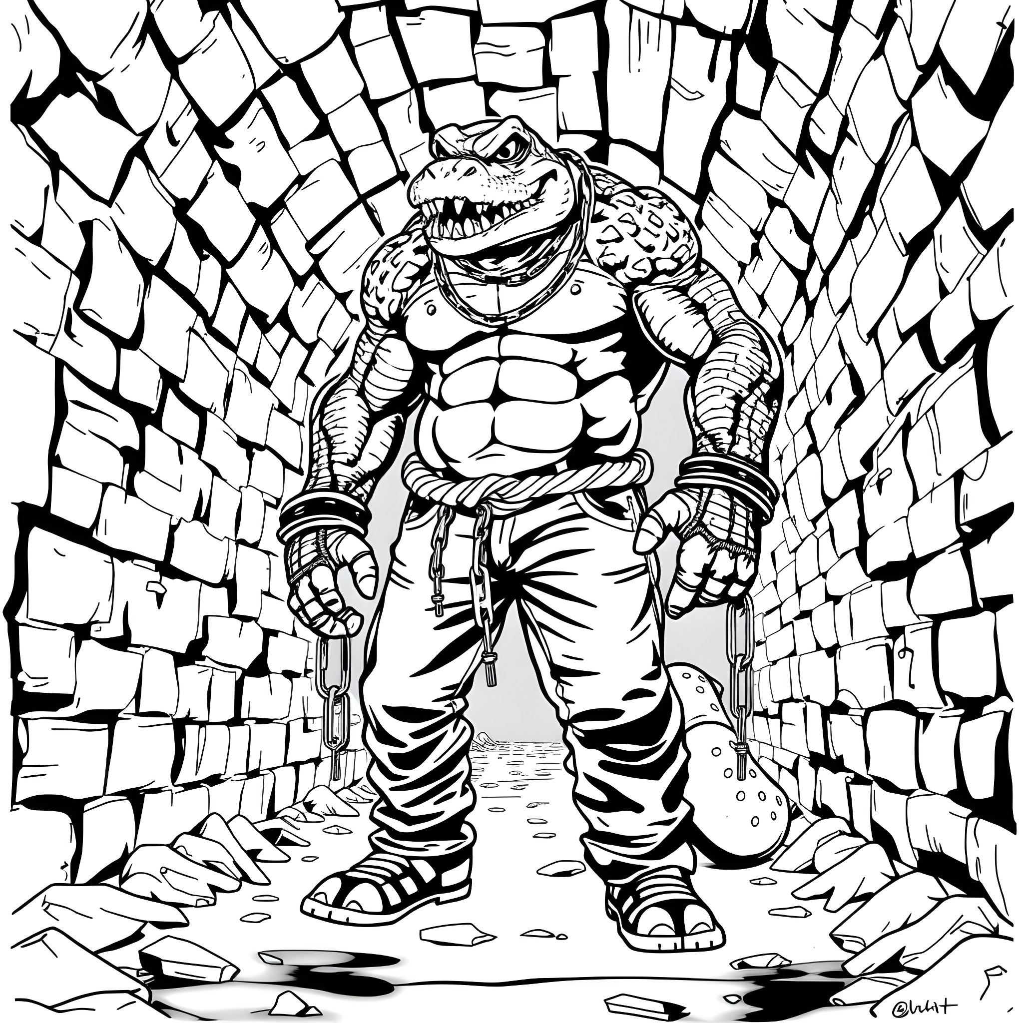 Killer Croc stomping through the debris-filled tunnel Coloring Page (free black-and-white line drawing printable PDF for all, from beginners to advanced learners, including children, teens, adults, and seniors)