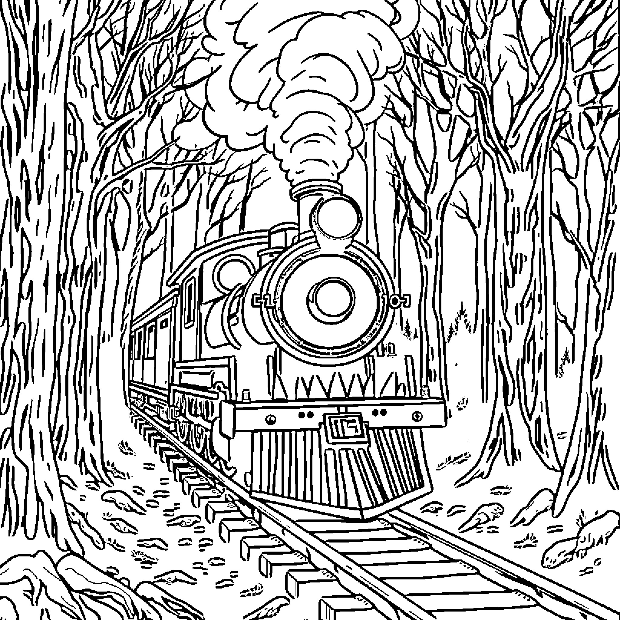 Choo Choo Charles: Train Steaming Through Enchanted Forest Coloring Page (free black-and-white line drawing printable PDF for all, from beginners to advanced learners, including children, teens, adults, and seniors)