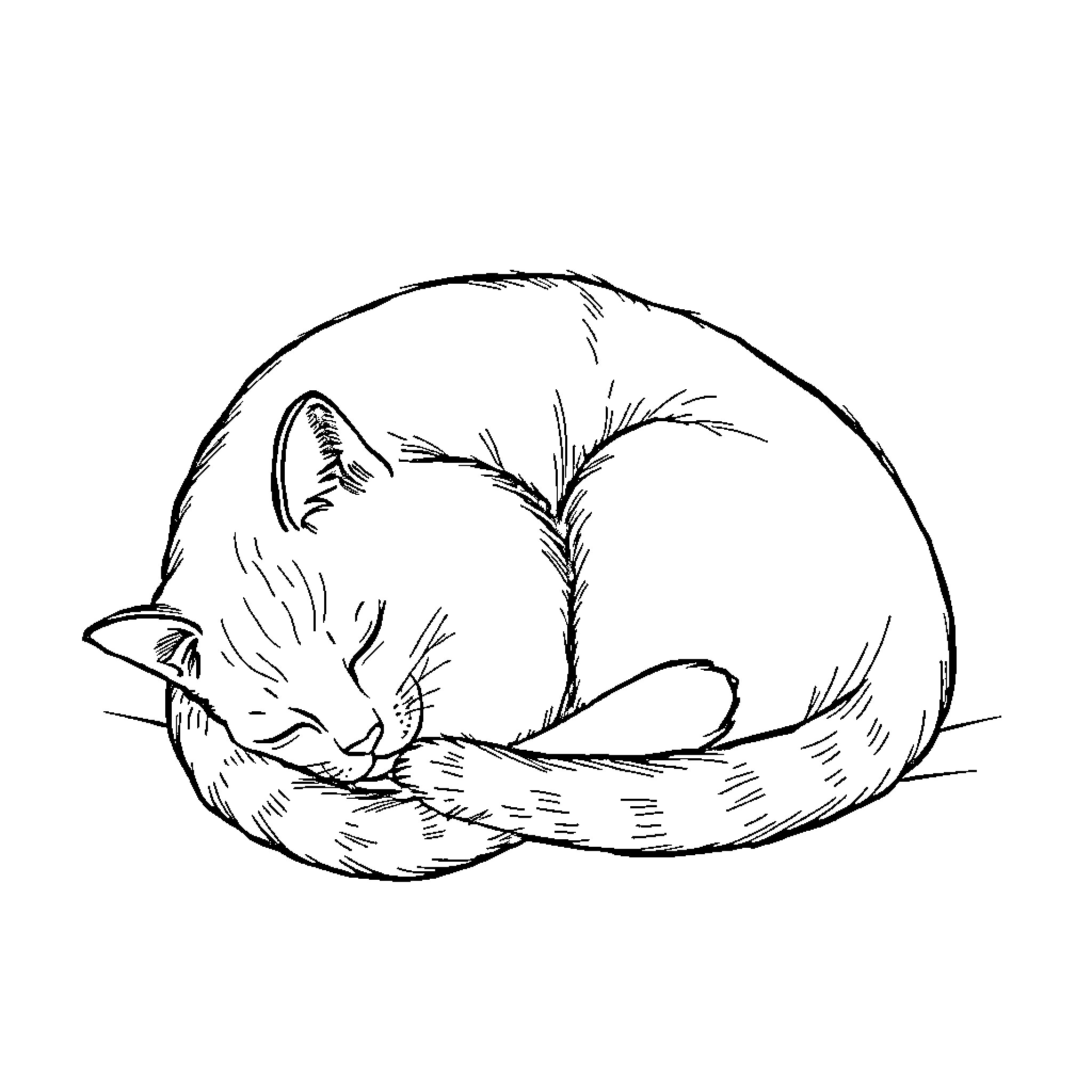 Cat curled up sleeping peacefully Coloring Page (free black-and-white line drawing printable PDF for all, from beginners to advanced learners, including children, teens, adults, and seniors)