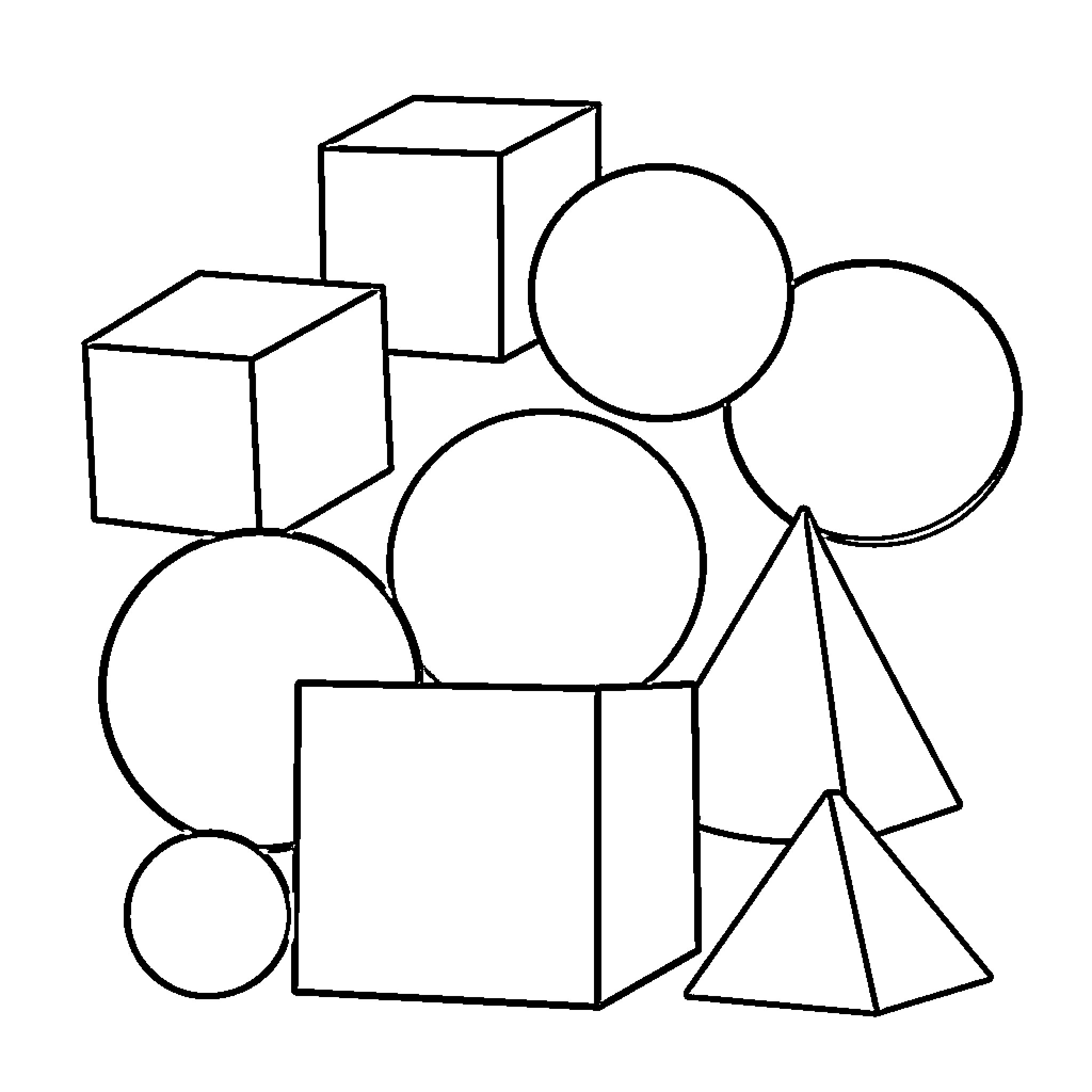 3D Shape Geometry Figures Coloring Page (free black-and-white line drawing printable PDF for all, from beginners to advanced learners, including children, teens, adults, and seniors)