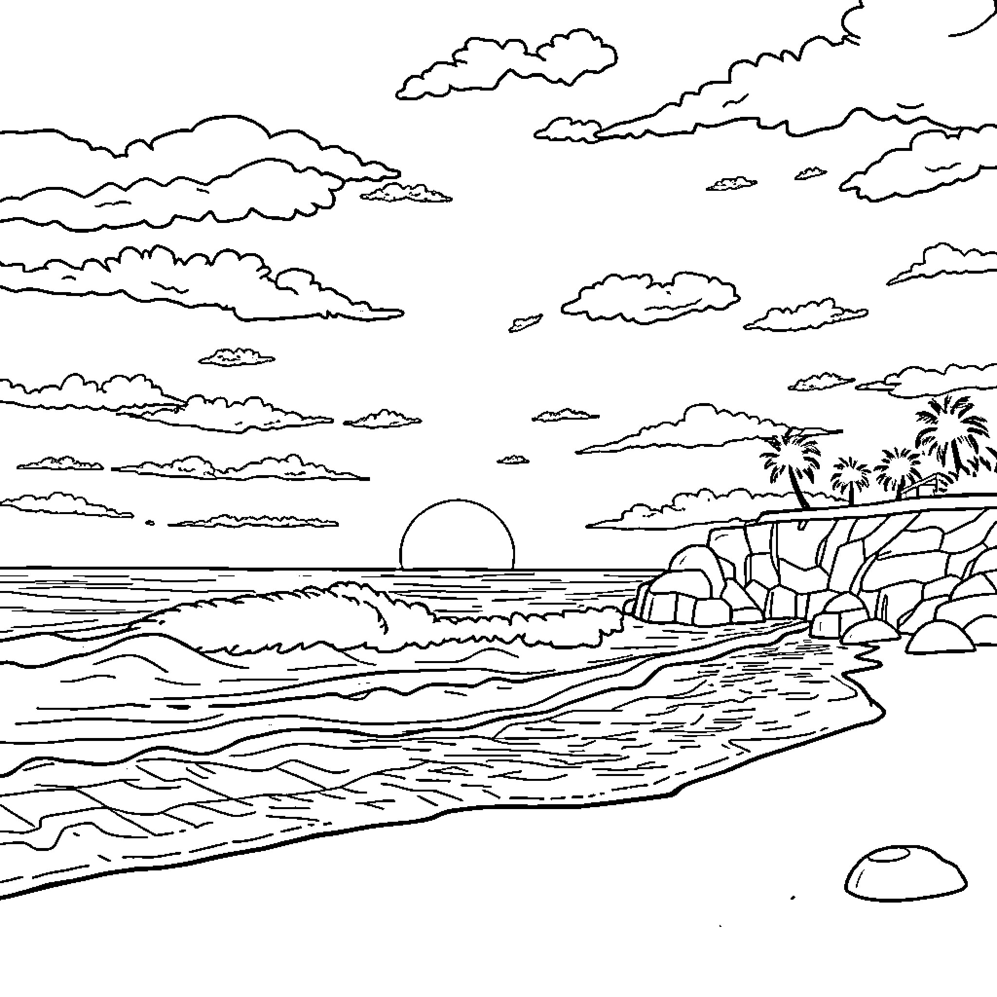 Sunset beach scene with palm trees and waves Coloring Page (free black-and-white line drawing printable PDF for all, from beginners to advanced learners, including children, teens, adults, and seniors)