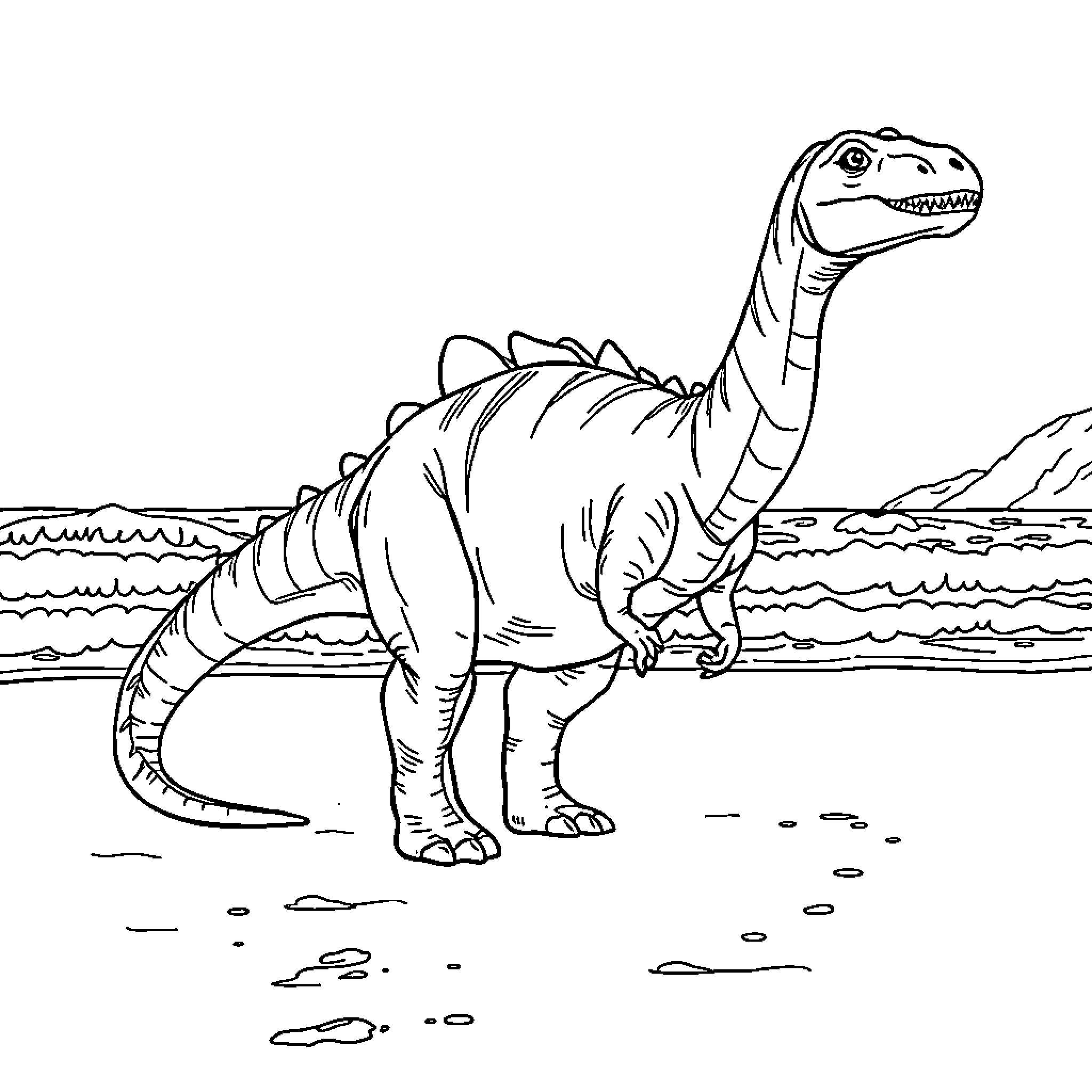 Dinosaur standing tall on prehistoric landscape Coloring Page (free black-and-white line drawing printable PDF for all, from beginners to advanced learners, including children, teens, adults, and seniors)