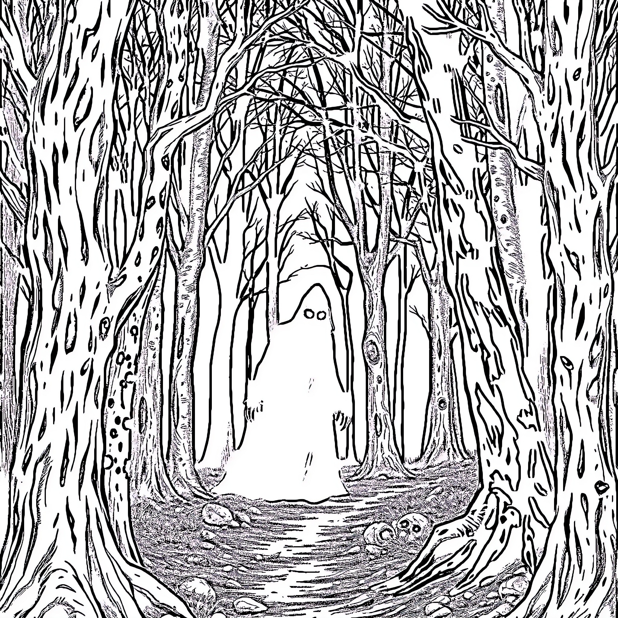 Thing in the spooky forest path Coloring Page (free black-and-white line drawing printable PDF for all, from beginners to advanced learners, including children, teens, adults, and seniors)
