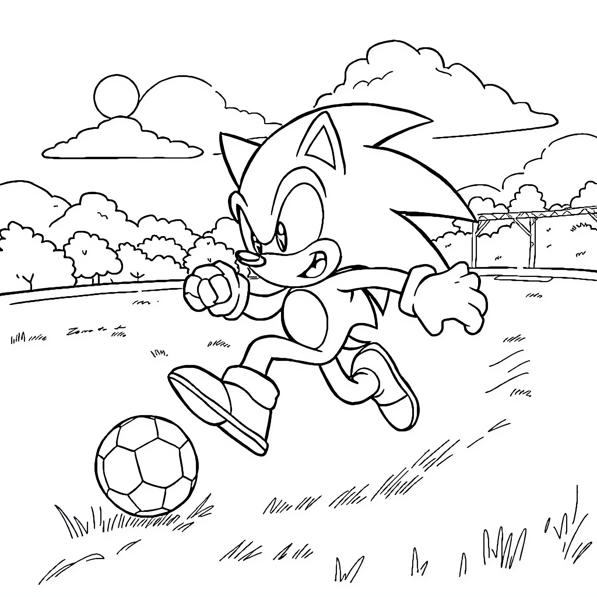 Sonic playing with a soccer ball in the park Coloring Page (free black-and-white line drawing printable PDF for all, from beginners to advanced learners, including children, teens, adults, and seniors)