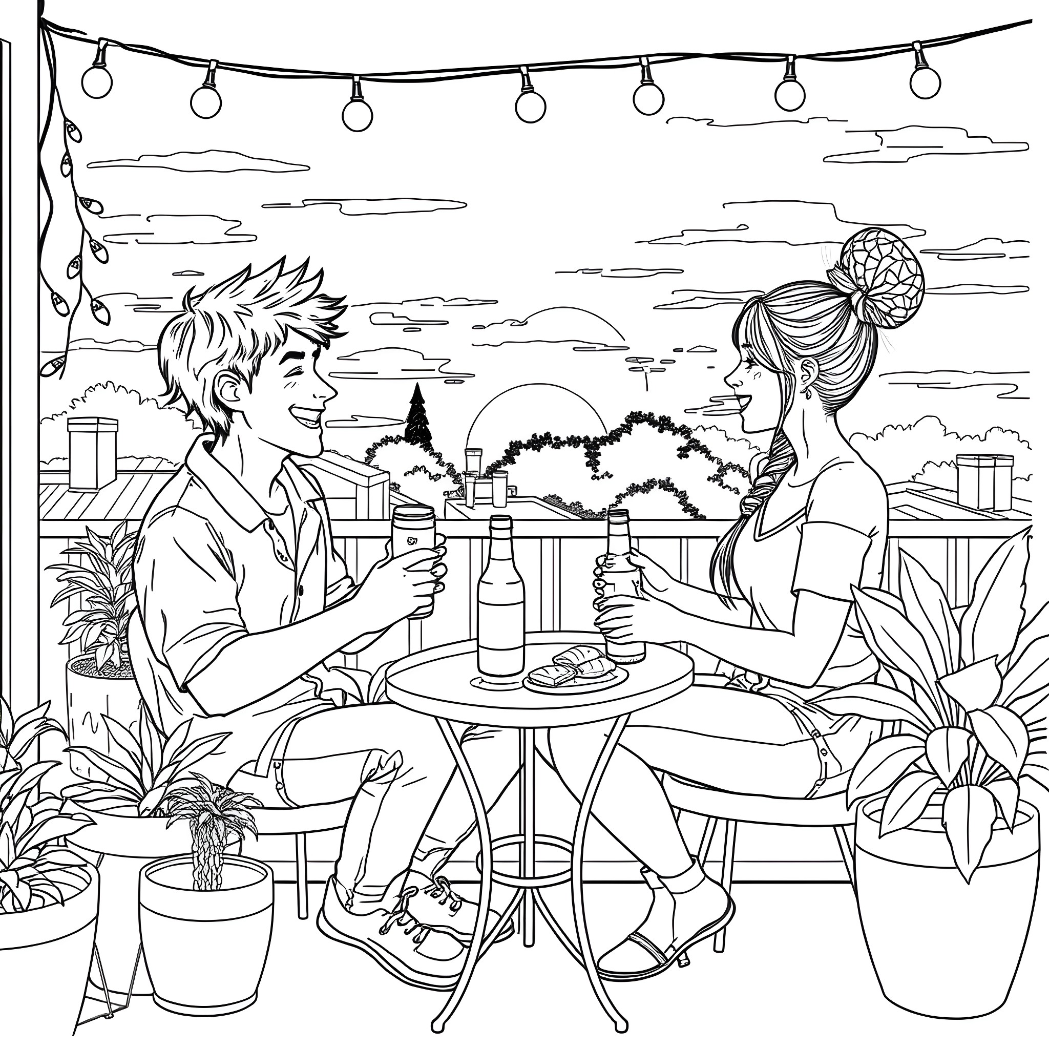 Young Couple Enjoying an Outdoor Evening Together Coloring Page (free black-and-white line drawing printable PDF for all, from beginners to advanced learners, including children, teens, adults, and seniors)