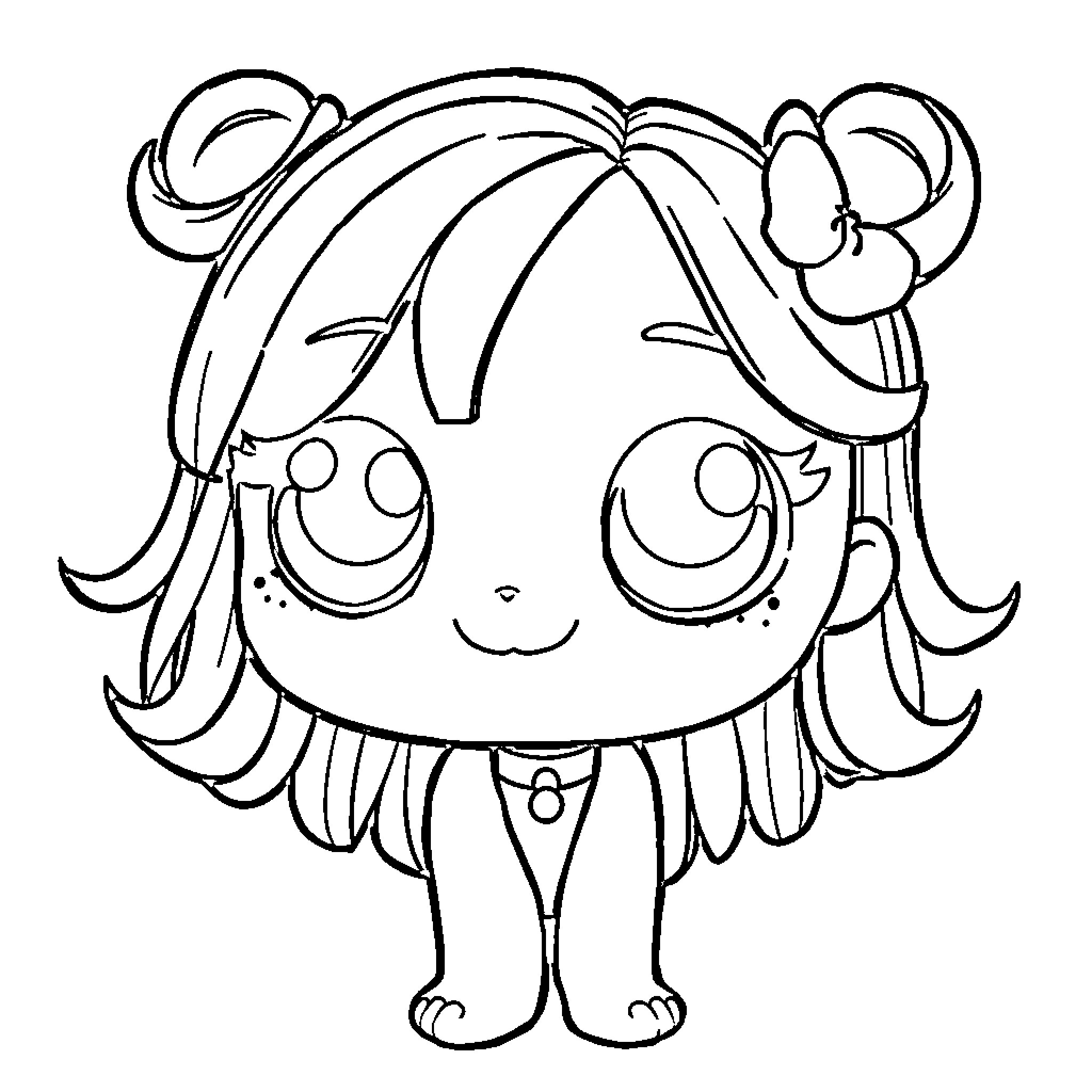 Doll with cute expression and hairstyle Coloring Page (free black-and-white line drawing printable PDF for all, from beginners to advanced learners, including children, teens, adults, and seniors)