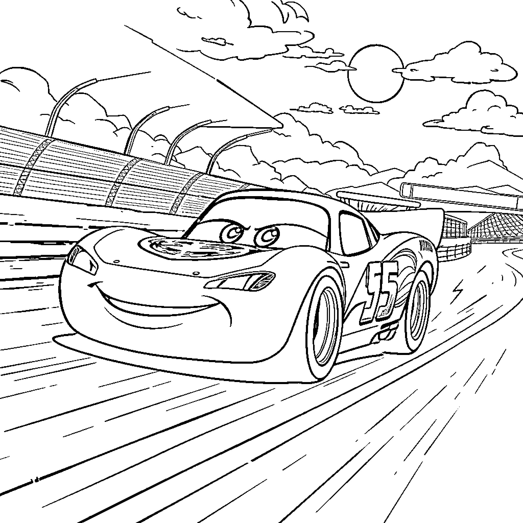 Lightning McQueen racing on the track with speed Coloring Page (free black-and-white line drawing printable PDF for all, from beginners to advanced learners, including children, teens, adults, and seniors)
