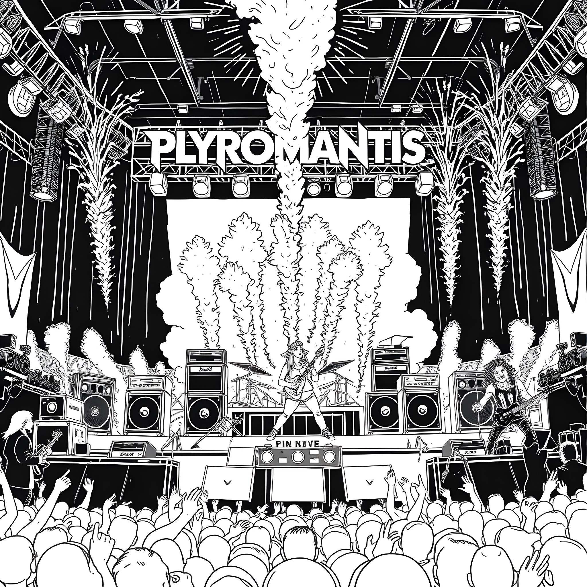 Band performing on a brightly lit stage Coloring Page (free black-and-white line drawing printable PDF for all, from beginners to advanced learners, including children, teens, adults, and seniors)