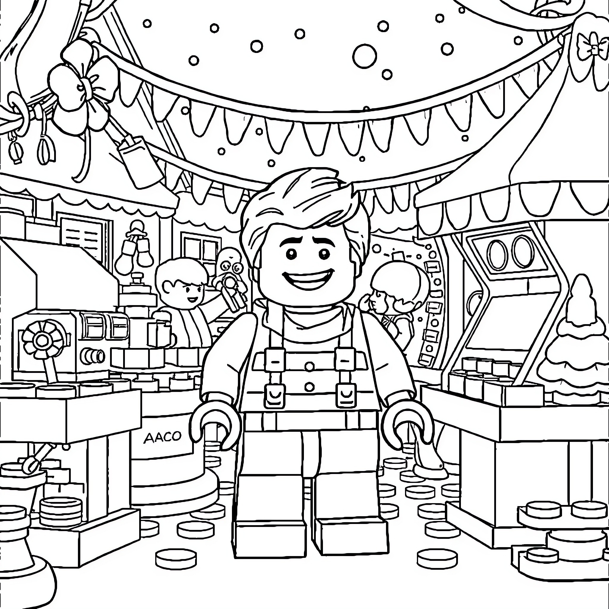 LEGO Character in a Festive Carnival Setting Coloring Page (free black-and-white line drawing printable PDF for all, from beginners to advanced learners, including children, teens, adults, and seniors)