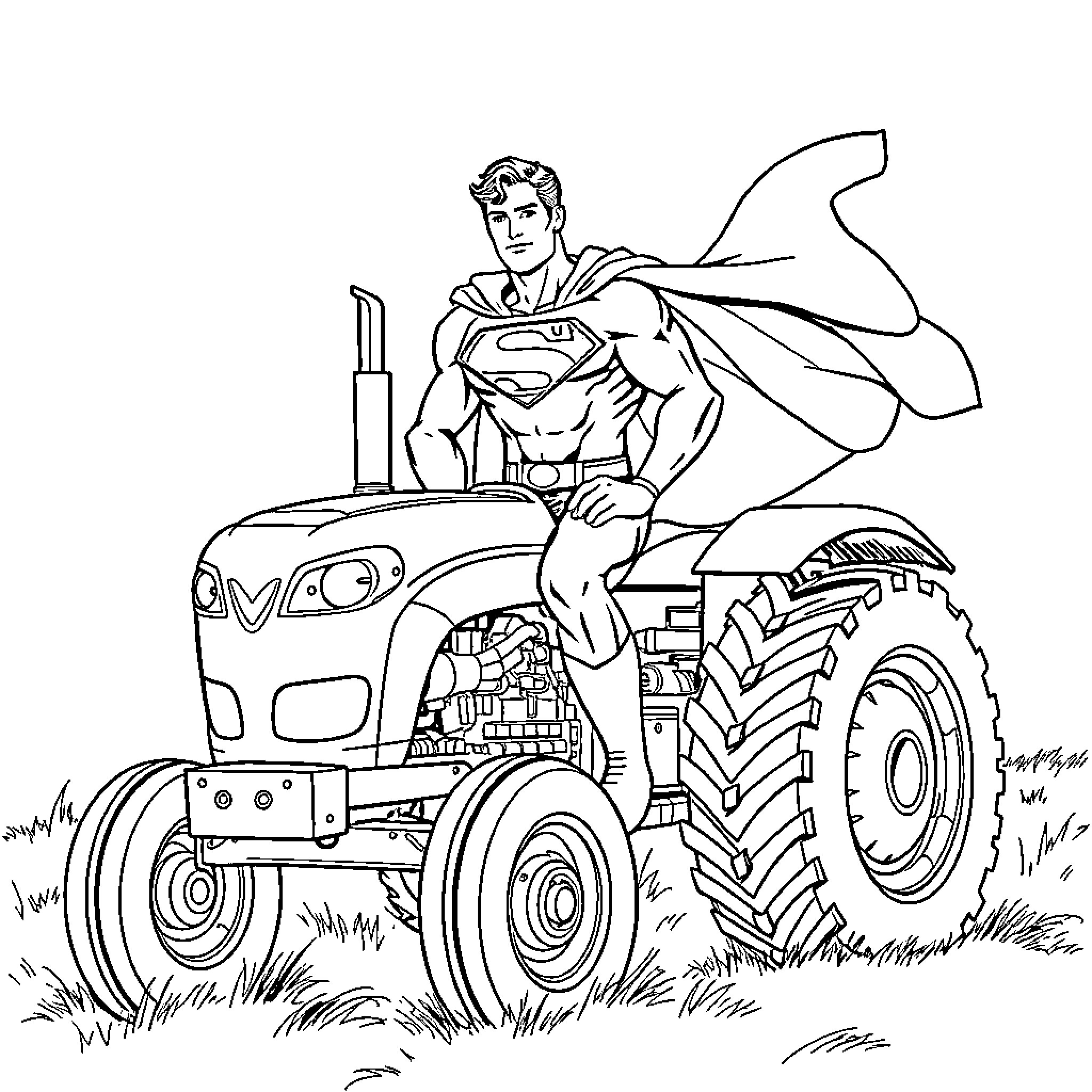 Superman driving a powerful tractor in the countryside Coloring Page (free black-and-white line drawing printable PDF for all, from beginners to advanced learners, including children, teens, adults, and seniors)