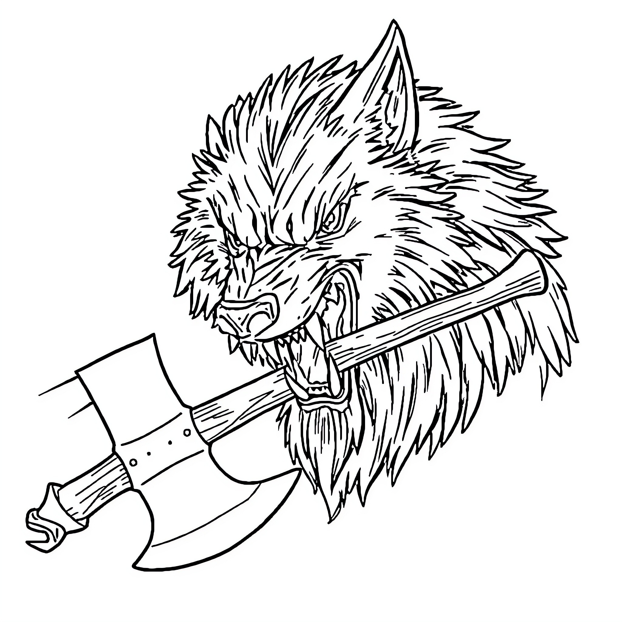 Wolf Warrior Wielding Battle Axe Coloring Page (free black-and-white line drawing printable PDF for all, from beginners to advanced learners, including children, teens, adults, and seniors)