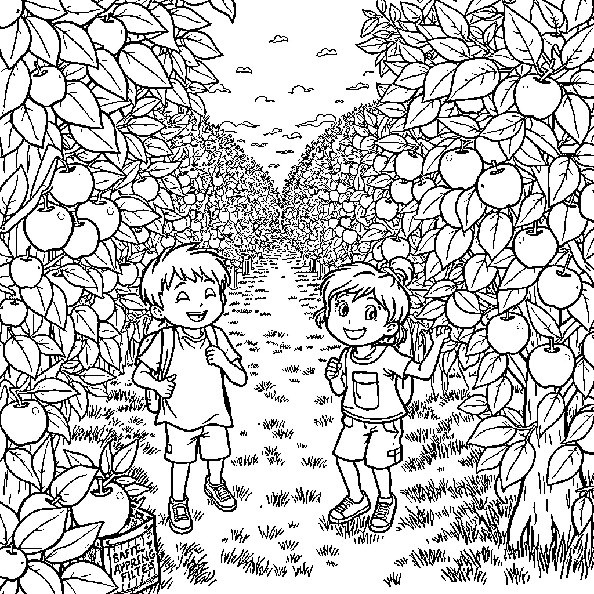 Kid exploring the enchanted fruit garden Coloring Page (free black-and-white line drawing printable PDF for all, from beginners to advanced learners, including children, teens, adults, and seniors)