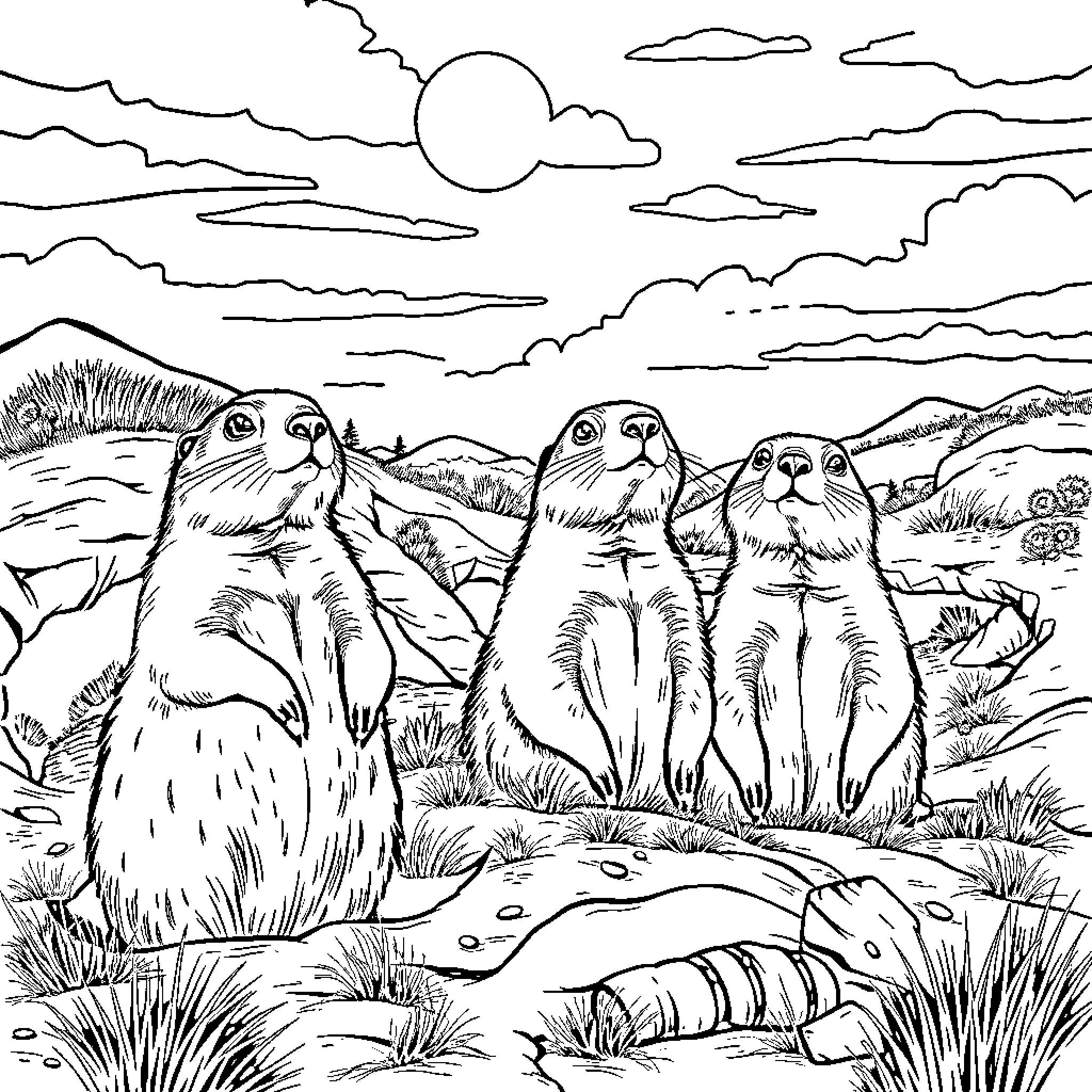 Prairie Dog Friends Watching Over the Grasslands Coloring Page (free black-and-white line drawing printable PDF for all, from beginners to advanced learners, including children, teens, adults, and seniors)