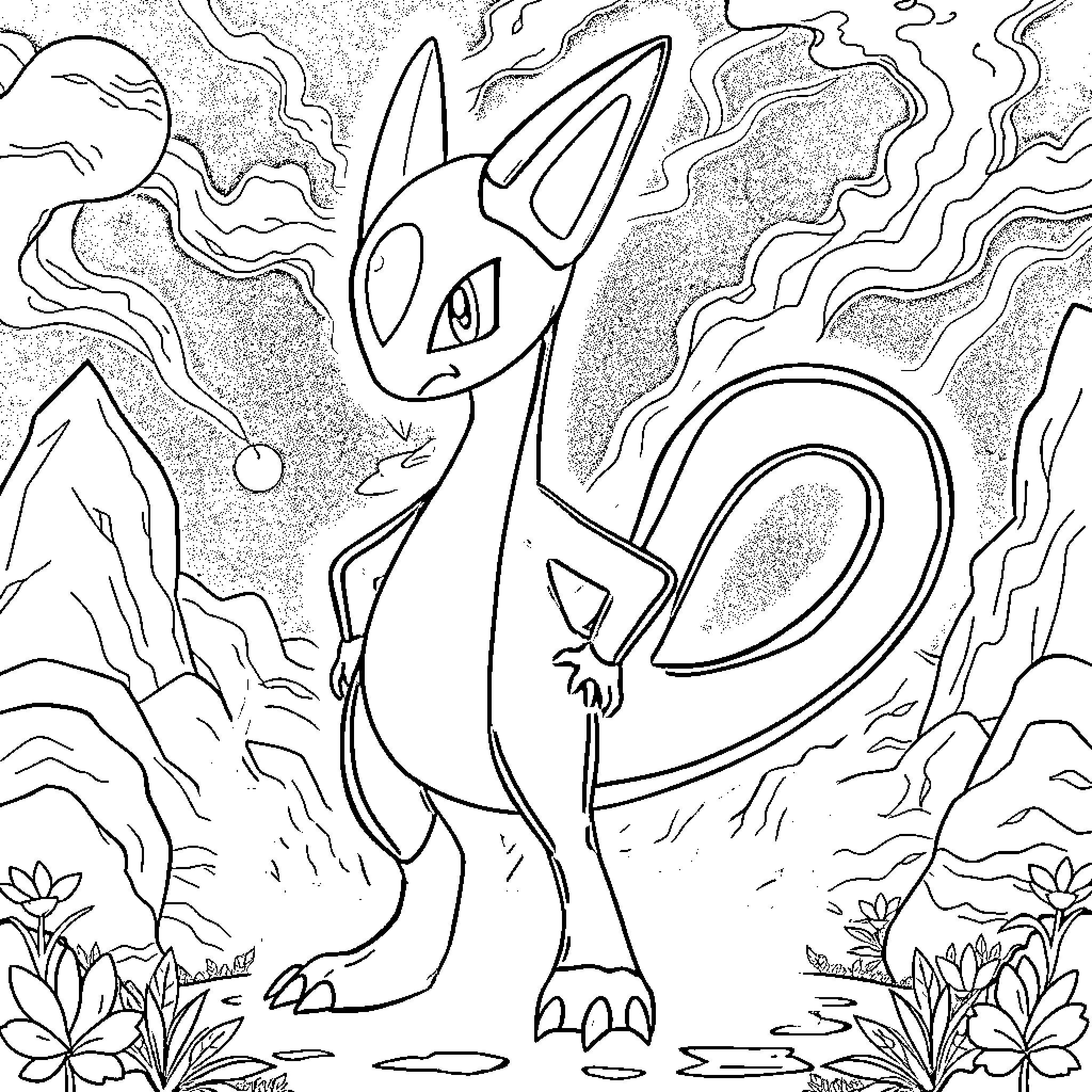 Mewtwo in a fantastical landscape Coloring Page (free black-and-white line drawing printable PDF for all, from beginners to advanced learners, including children, teens, adults, and seniors)