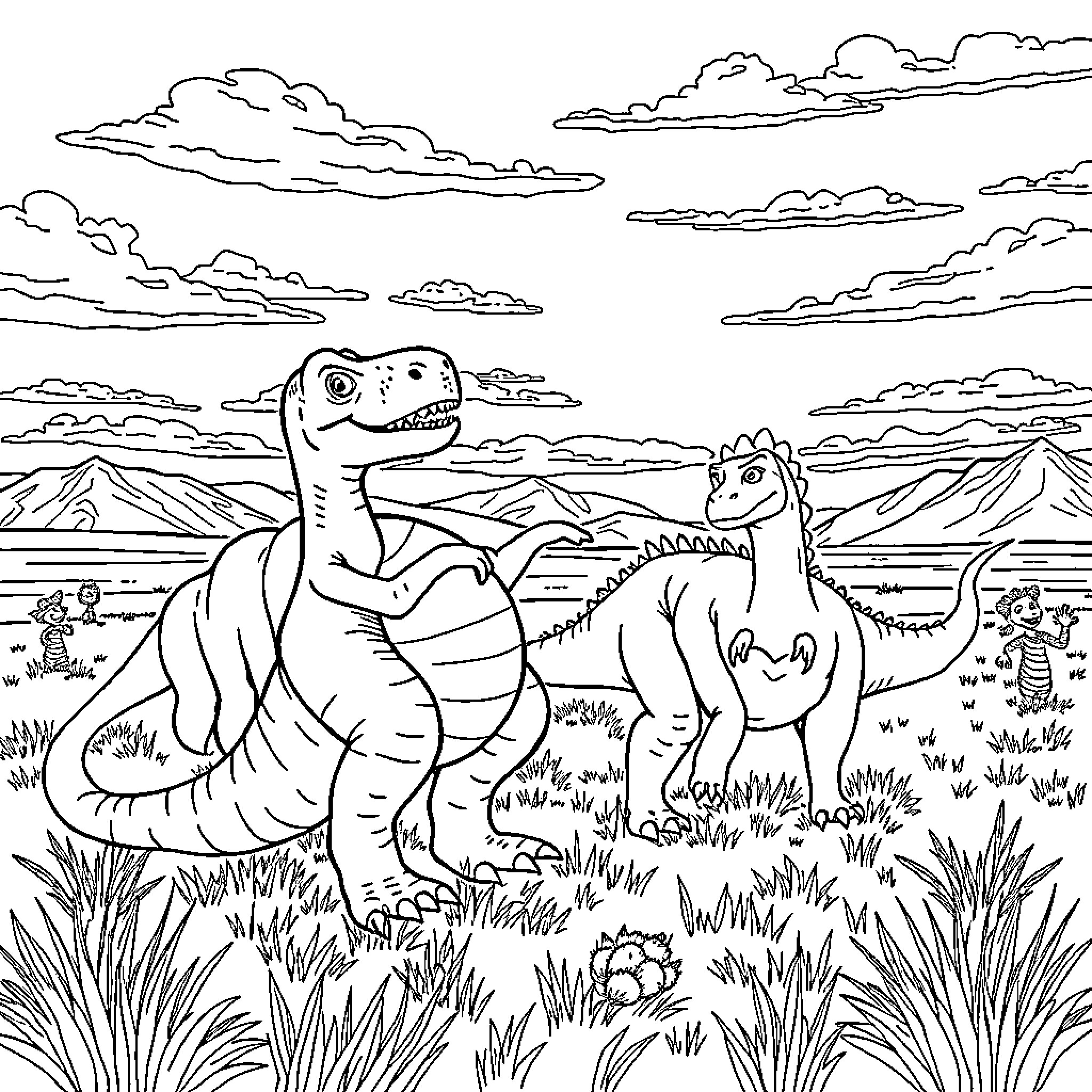 Dinosaurs exploring the prehistoric landscape Coloring Page (free black-and-white line drawing printable PDF for all, from beginners to advanced learners, including children, teens, adults, and seniors)