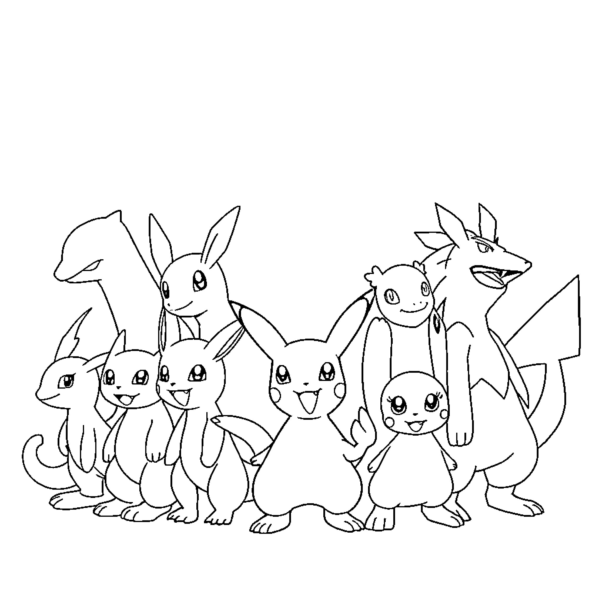 Pokémon characters gathered together Coloring Page (free black-and-white line drawing printable PDF for all, from beginners to advanced learners, including children, teens, adults, and seniors)