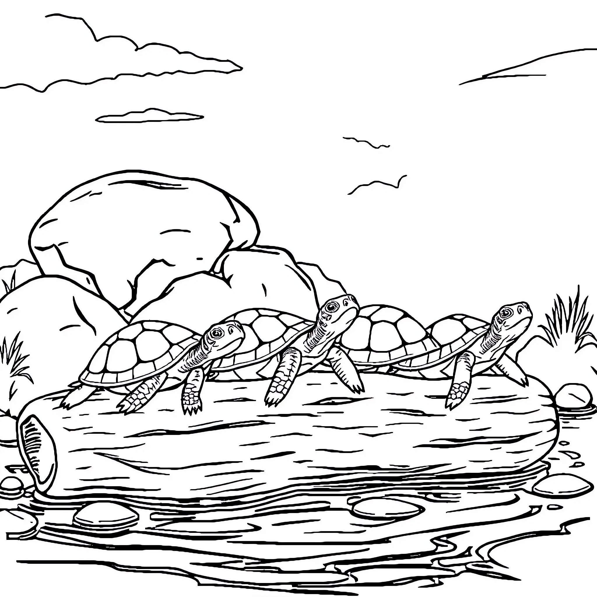 Turtle family enjoying a calm pond Coloring Page (free black-and-white line drawing printable PDF for all, from beginners to advanced learners, including children, teens, adults, and seniors)