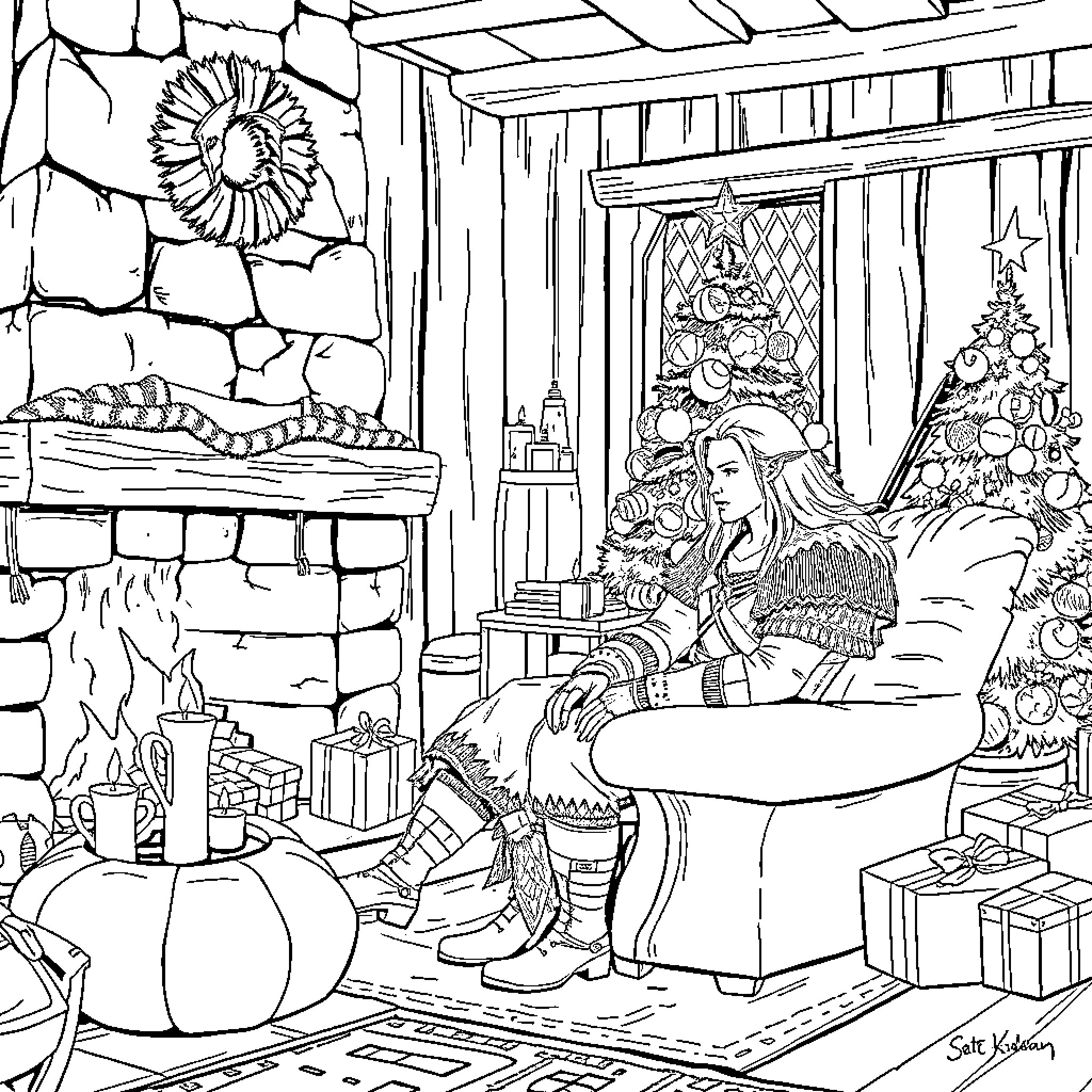 Geralt and Yennefer enjoying cozy winter evening together Coloring Page (free black-and-white line drawing printable PDF for all, from beginners to advanced learners, including children, teens, adults, and seniors)