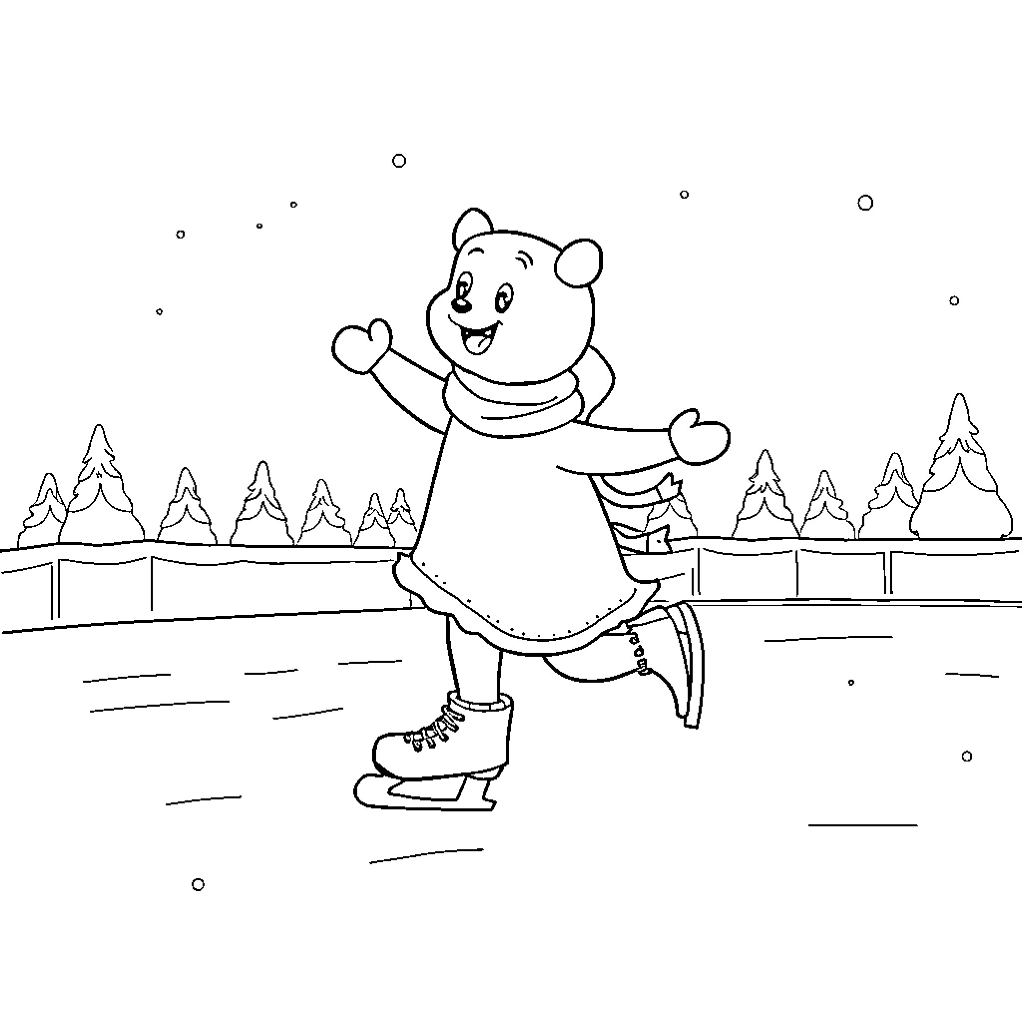 Rumi the Bear Ice Skating in Winter Wonderland Coloring Page (free black-and-white line drawing printable PDF for all, from beginners to advanced learners, including children, teens, adults, and seniors)