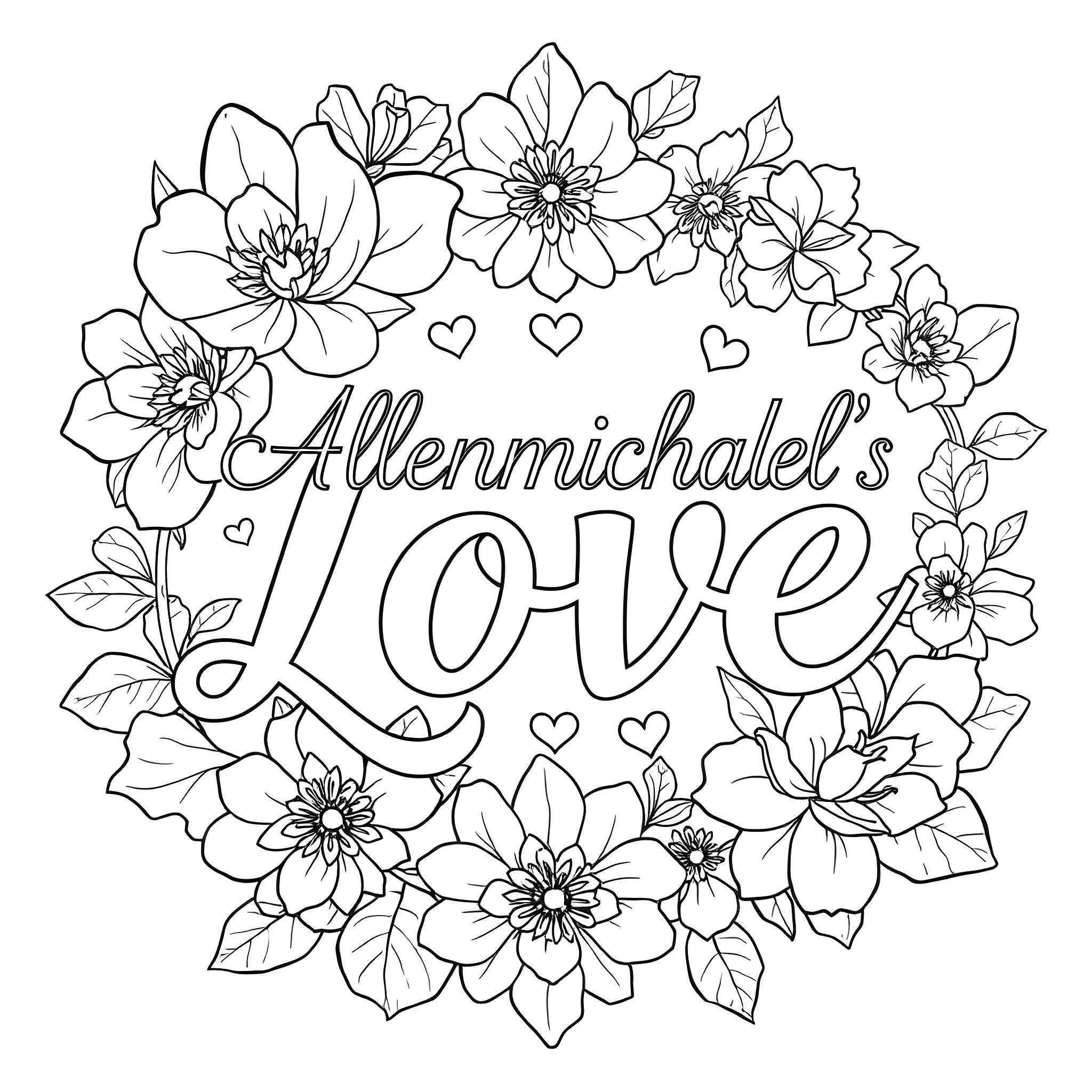 Flower wreath with love message Coloring Page (free black-and-white line drawing printable PDF for all, from beginners to advanced learners, including children, teens, adults, and seniors)