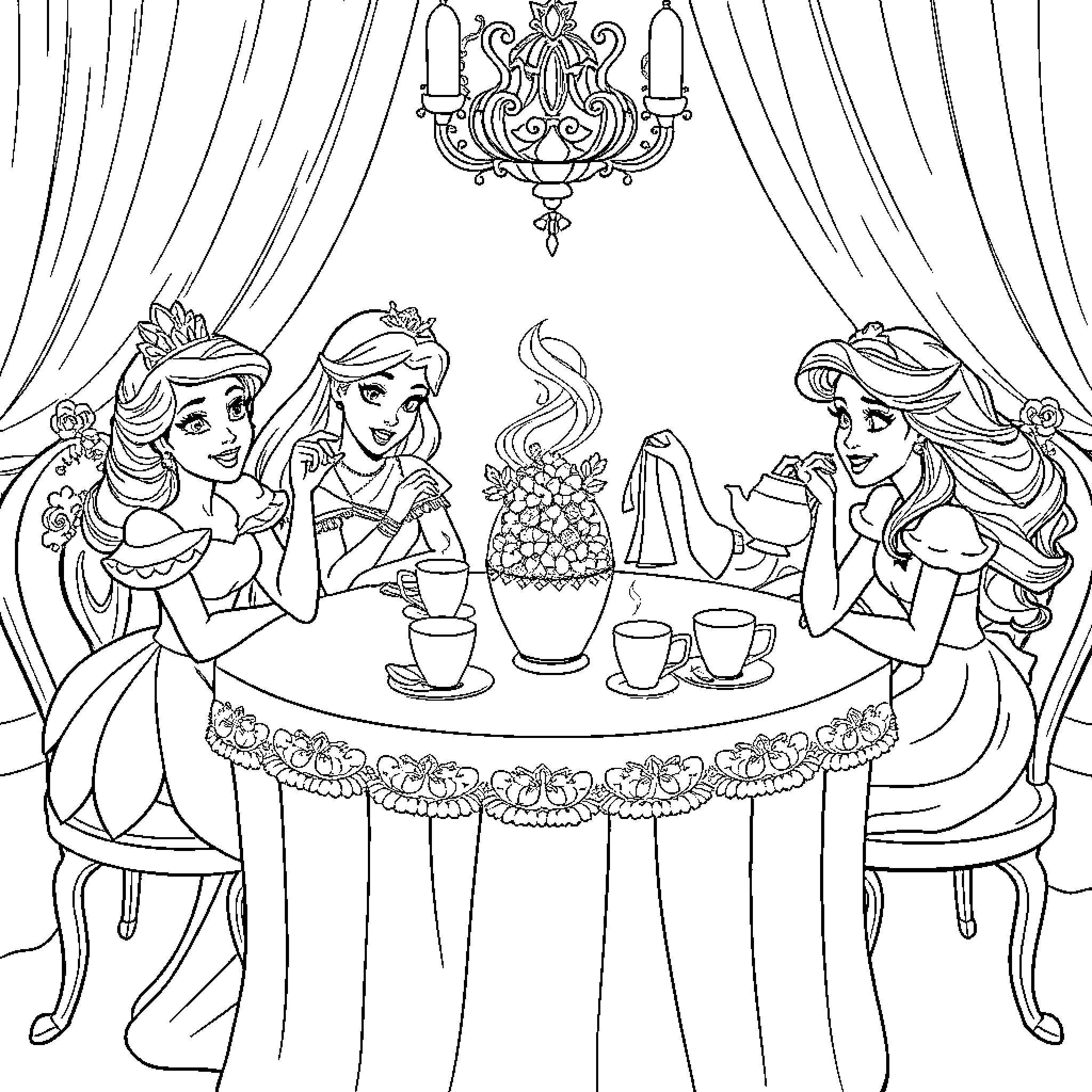 Disney Princesses Enjoying Elegant Tea Party Coloring Page (free black-and-white line drawing printable PDF for all, from beginners to advanced learners, including children, teens, adults, and seniors)